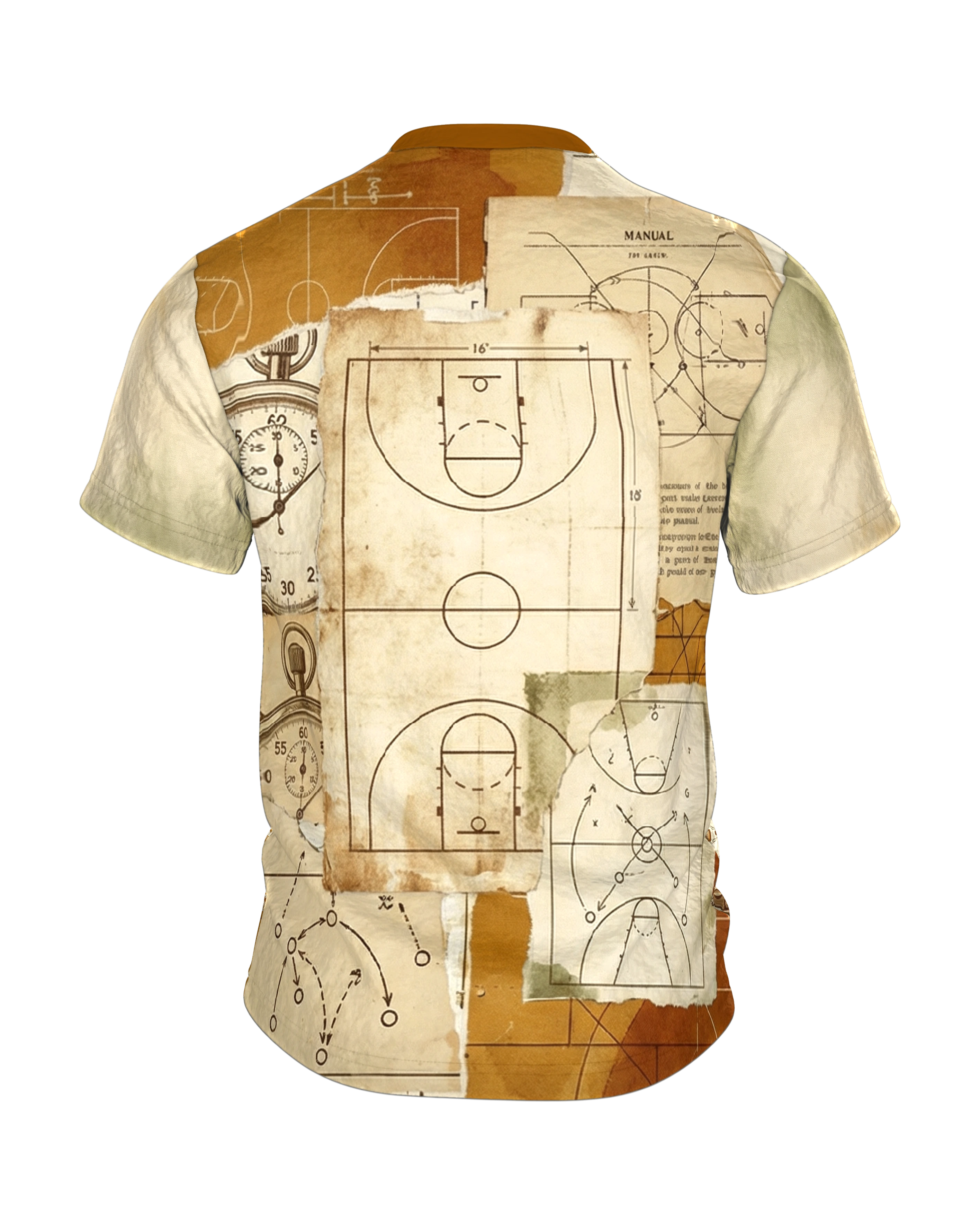 Slam Dunk T-Shirt, Vintage-Collage der Wurf-Physik, Taktiktafeln und Stoppuhren am Rücken, Rückseite