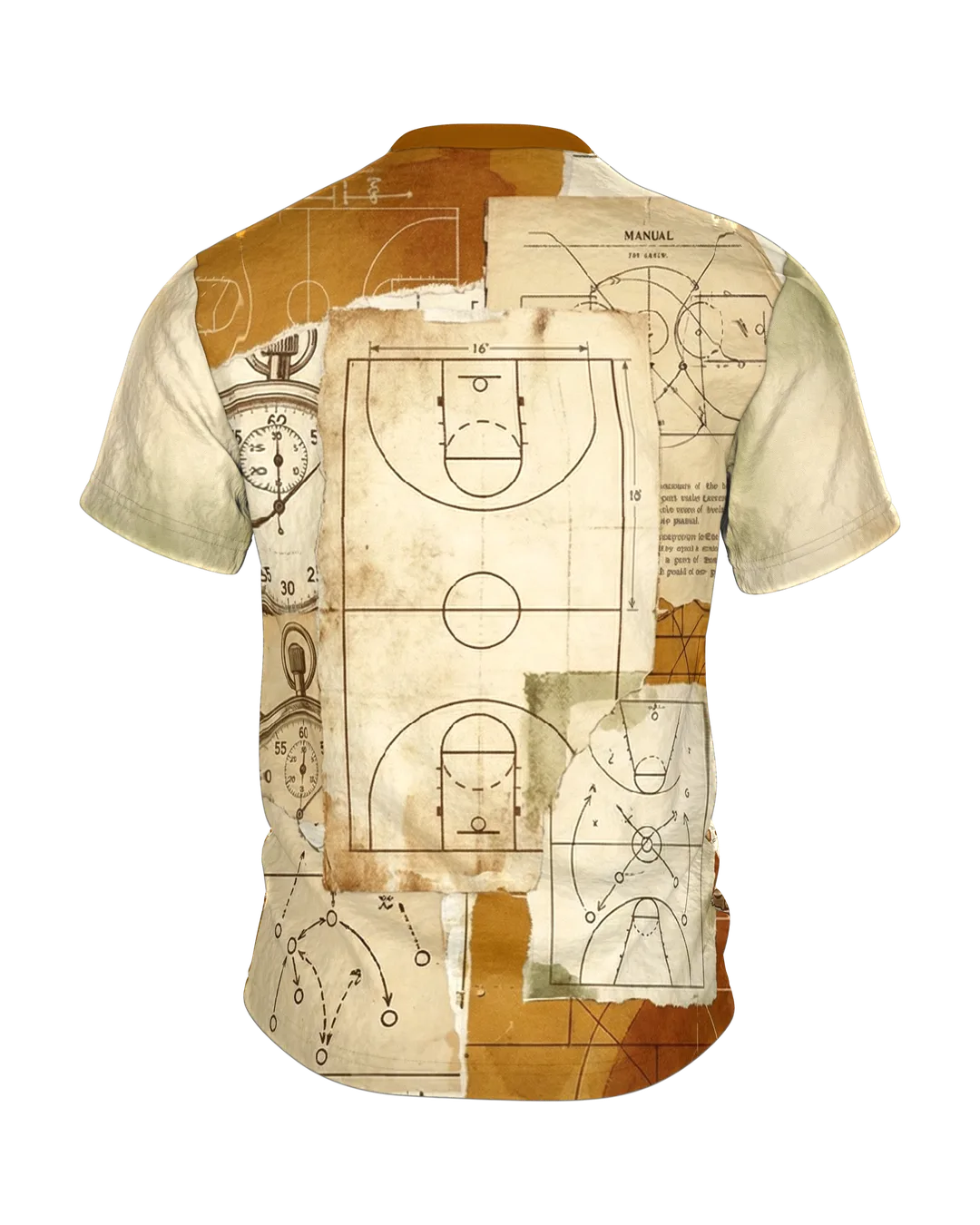 Slam Dunk T-Shirt, Vintage-Collage der Wurf-Physik, Taktiktafeln und Stoppuhren am Rücken, Rückseite