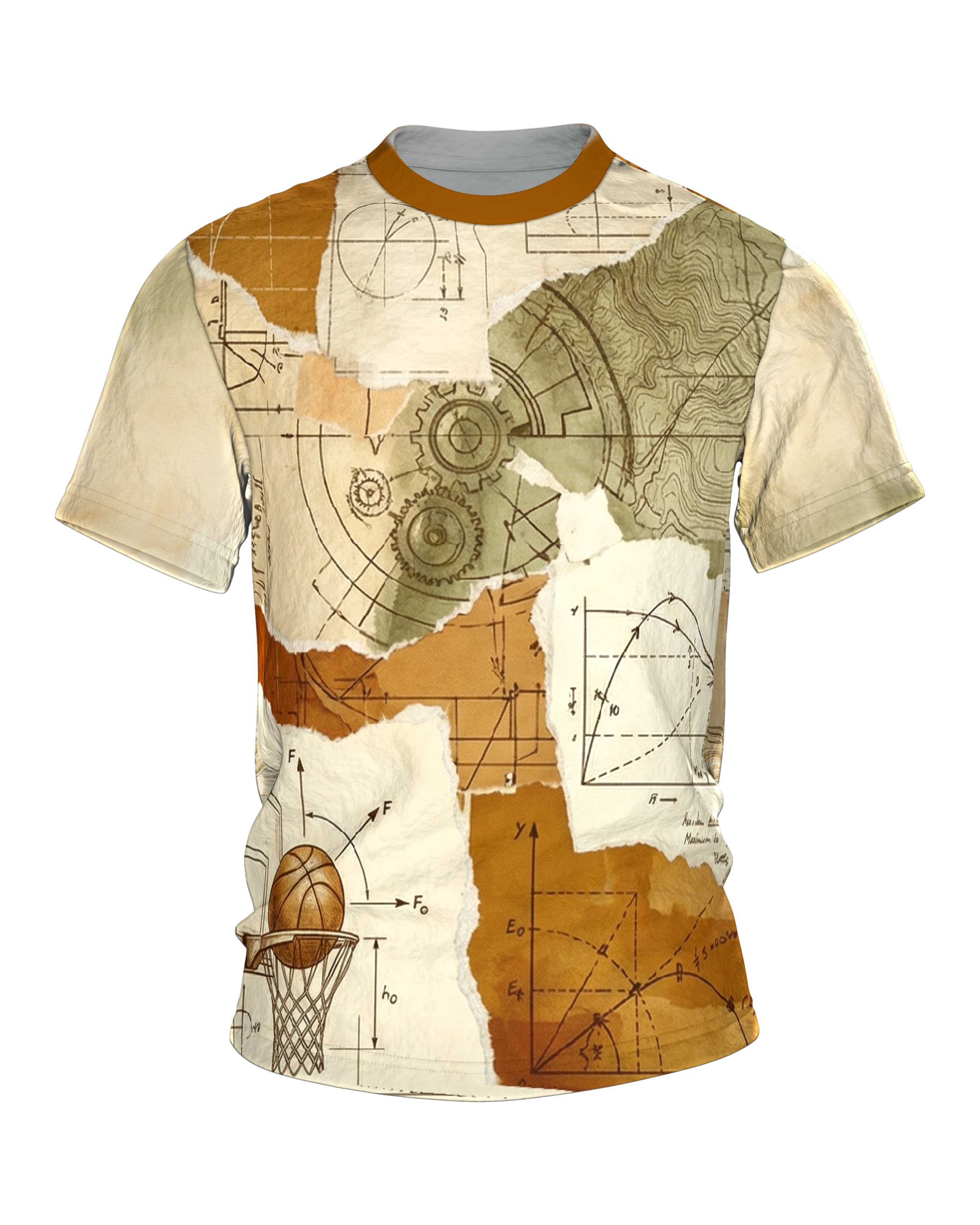 Slam Dunk T-Shirt, Vintage-Collage der Wurf-Physik, Taktiktafeln und Stoppuhren am Rücken