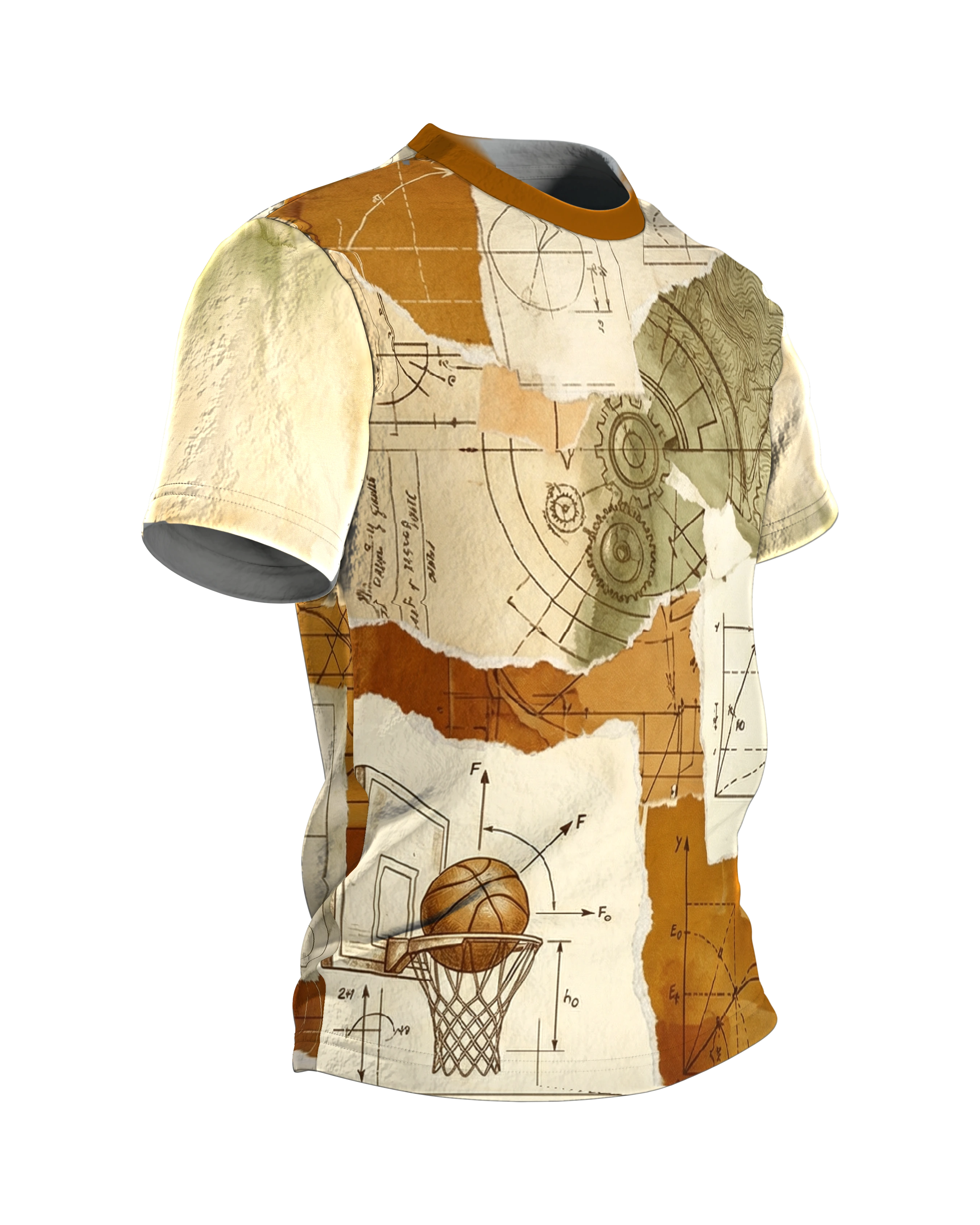 Slam Dunk T-Shirt, Vintage-Collage der Wurf-Physik, Taktiktafeln und Stoppuhren am Rücken, Seitenansicht links