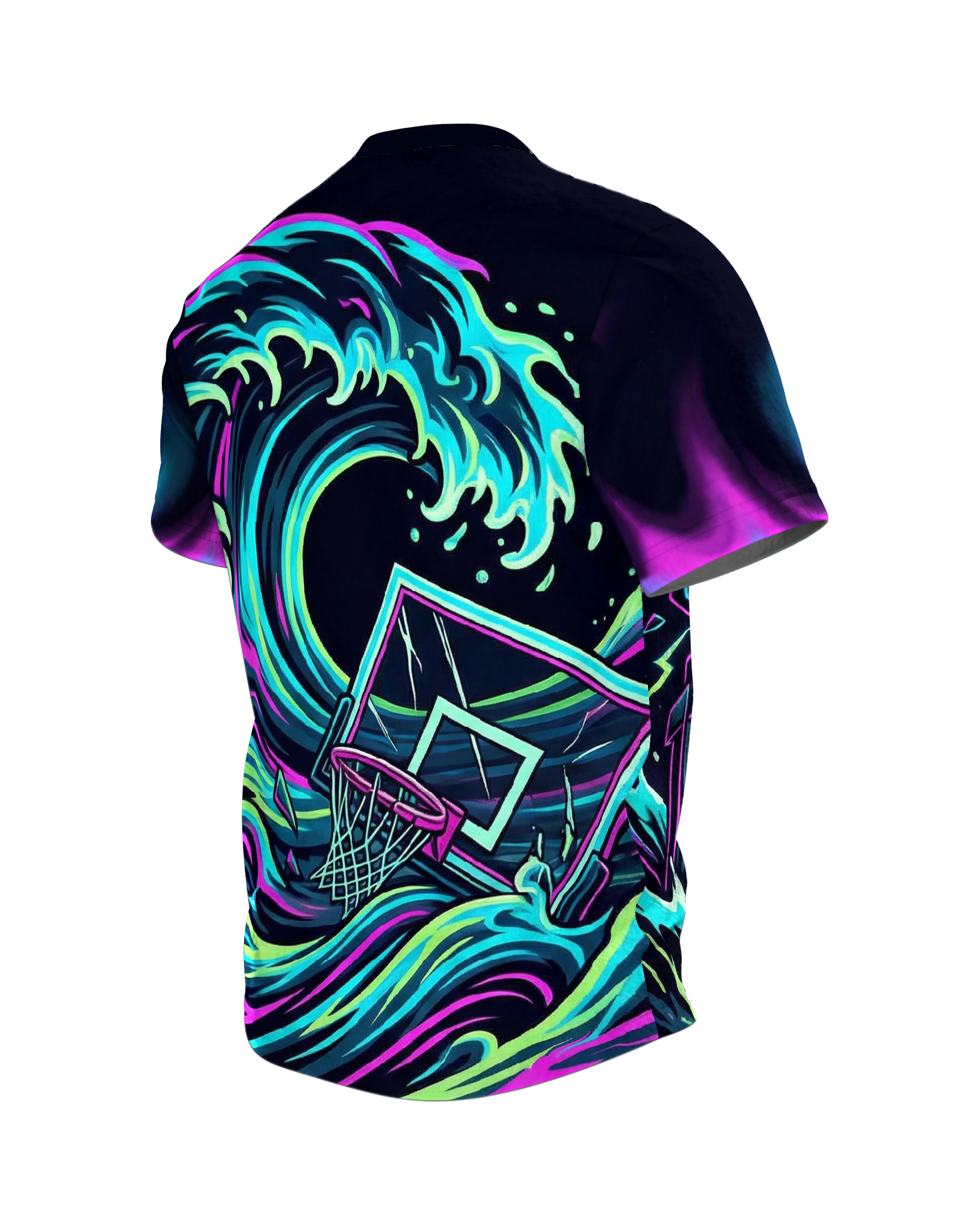 Neon Slam Dunk T-Shirt: Cyberpunk Waves, Rückseite schräg links