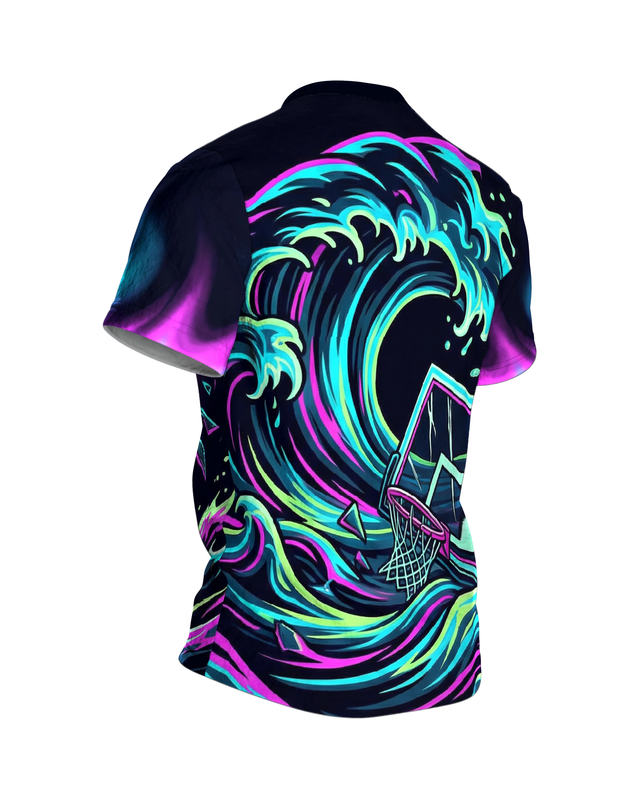 Neon Slam Dunk T-Shirt: Cyberpunk Waves, Rückseite schräg rechts