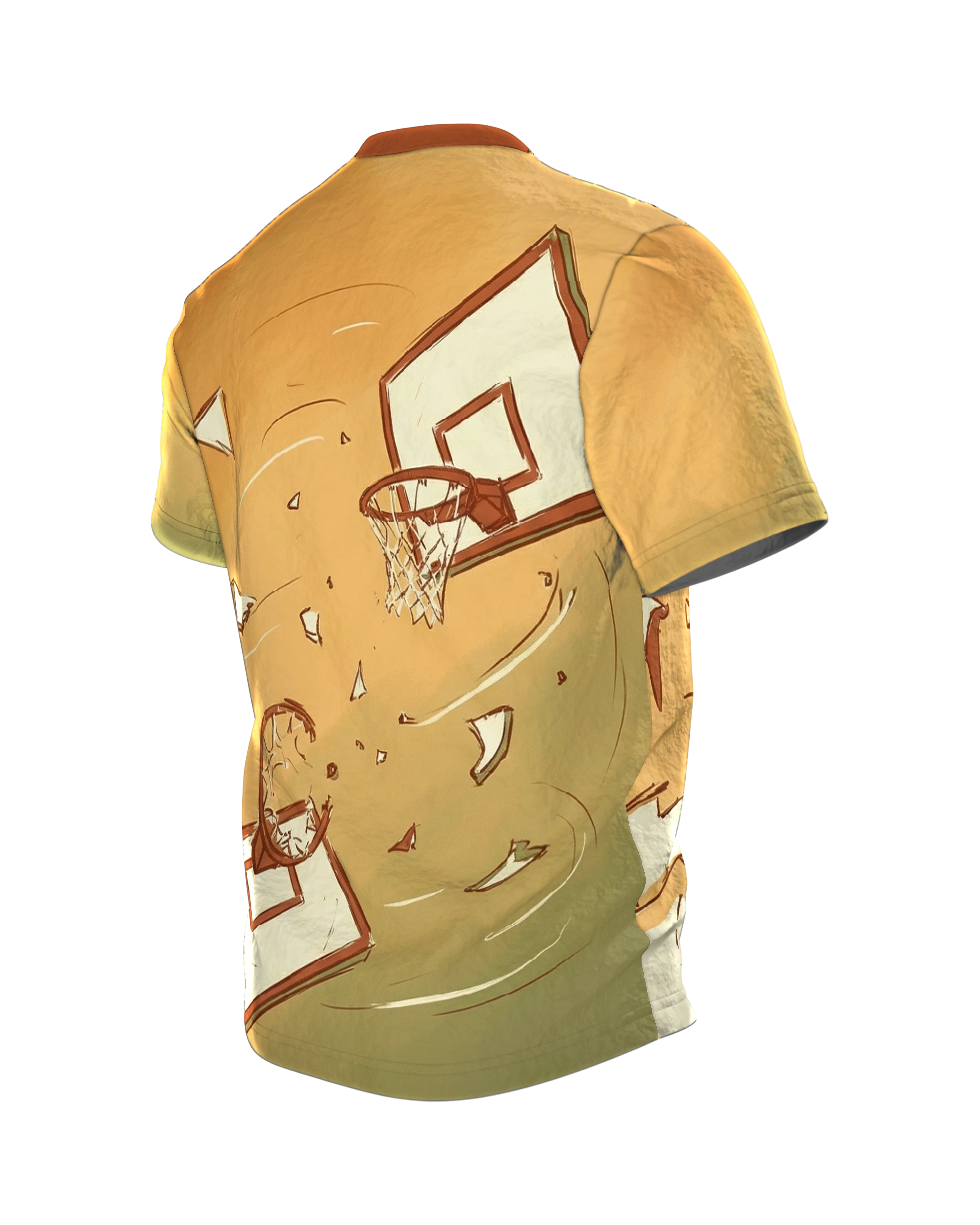 Basketball Shattered Backboard T-Shirt, Korb, Brett und Ball aus der Vogelperspektive, Rückseite schräg links