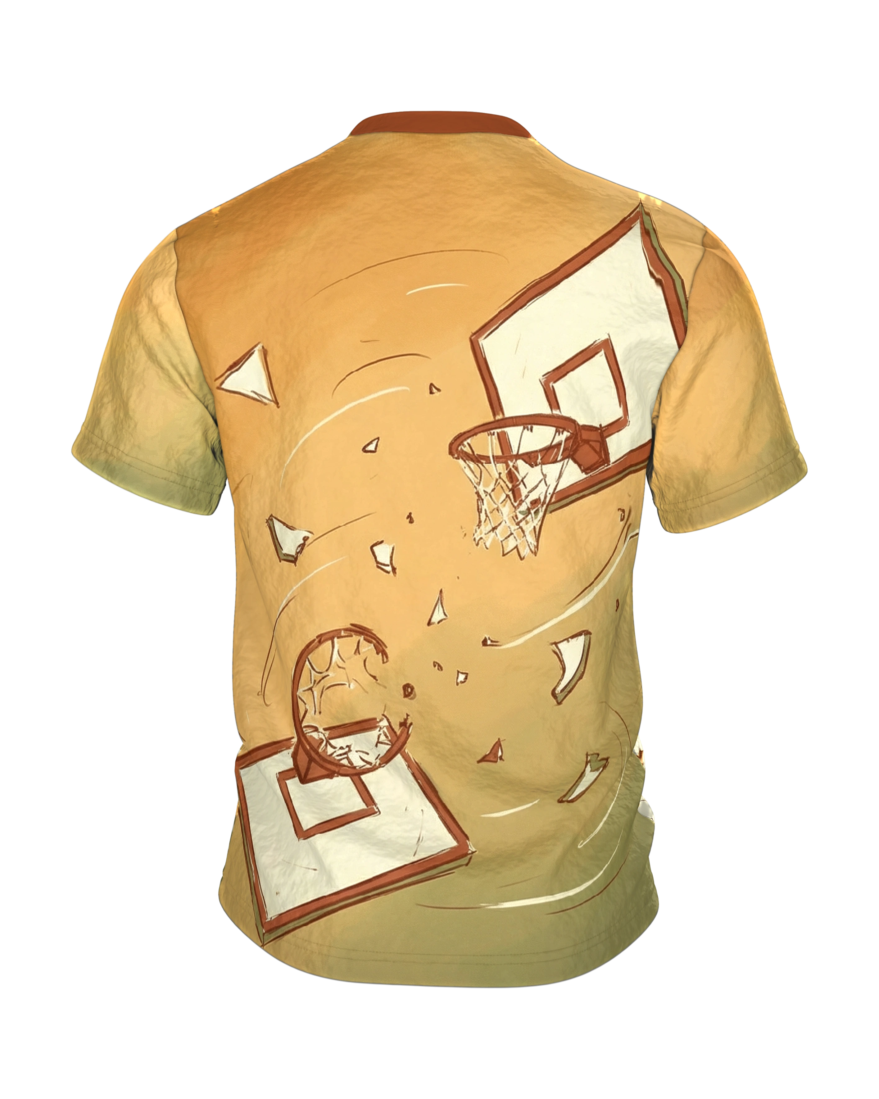 Basketball Shattered Backboard T-Shirt, Korb, Brett und Ball aus der Vogelperspektive, Rückseite