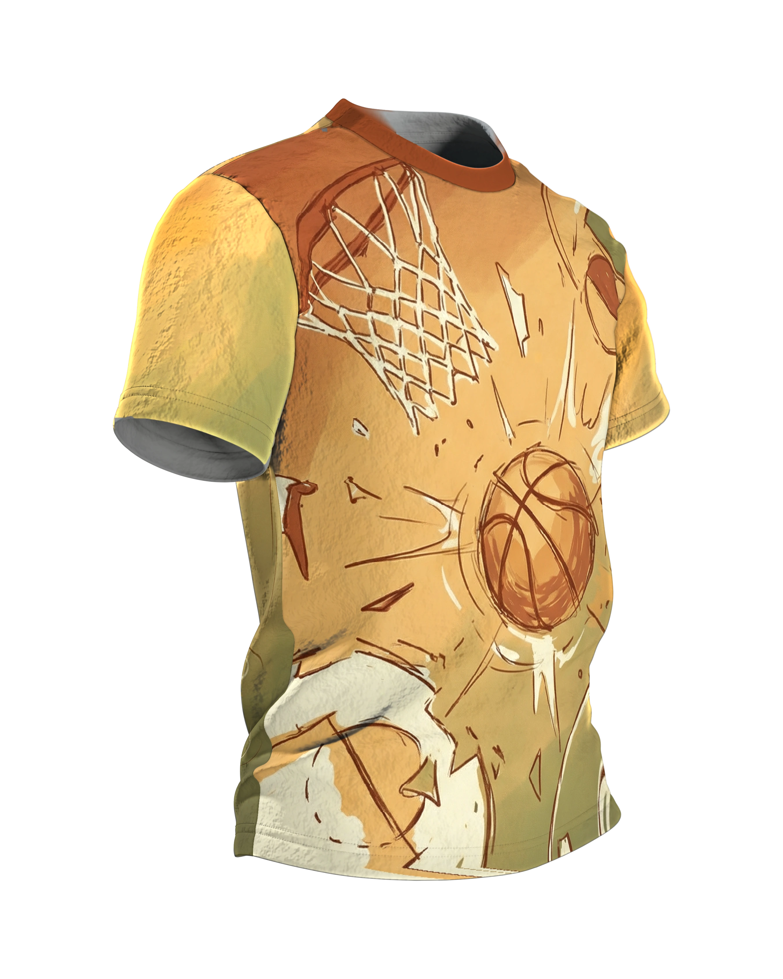 Basketball Shattered Backboard T-Shirt, Korb, Brett und Ball aus der Vogelperspektive, Seitenansicht links