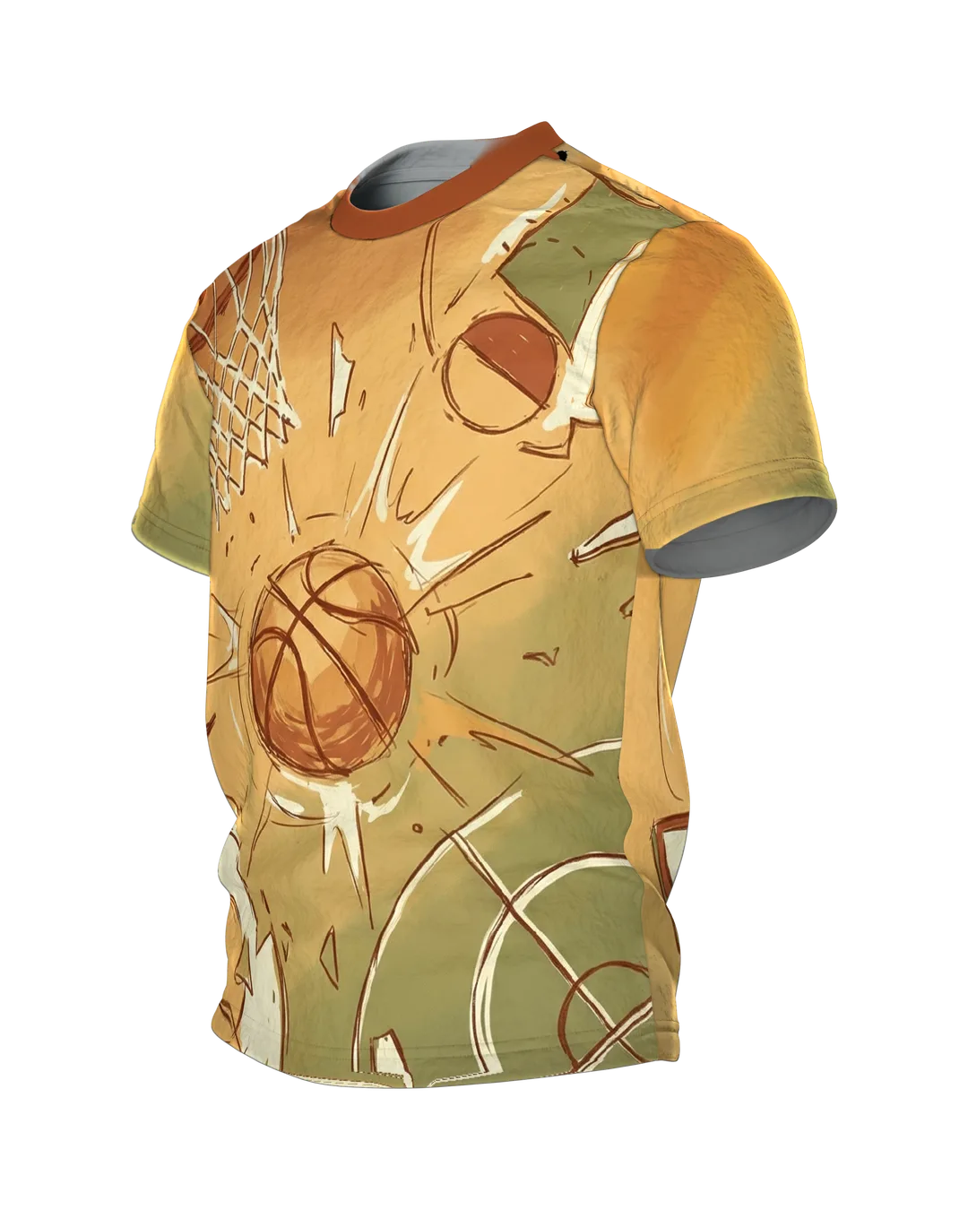 Basketball Shattered Backboard T-Shirt, Korb, Brett und Ball aus der Vogelperspektive, Seitenansicht rechts