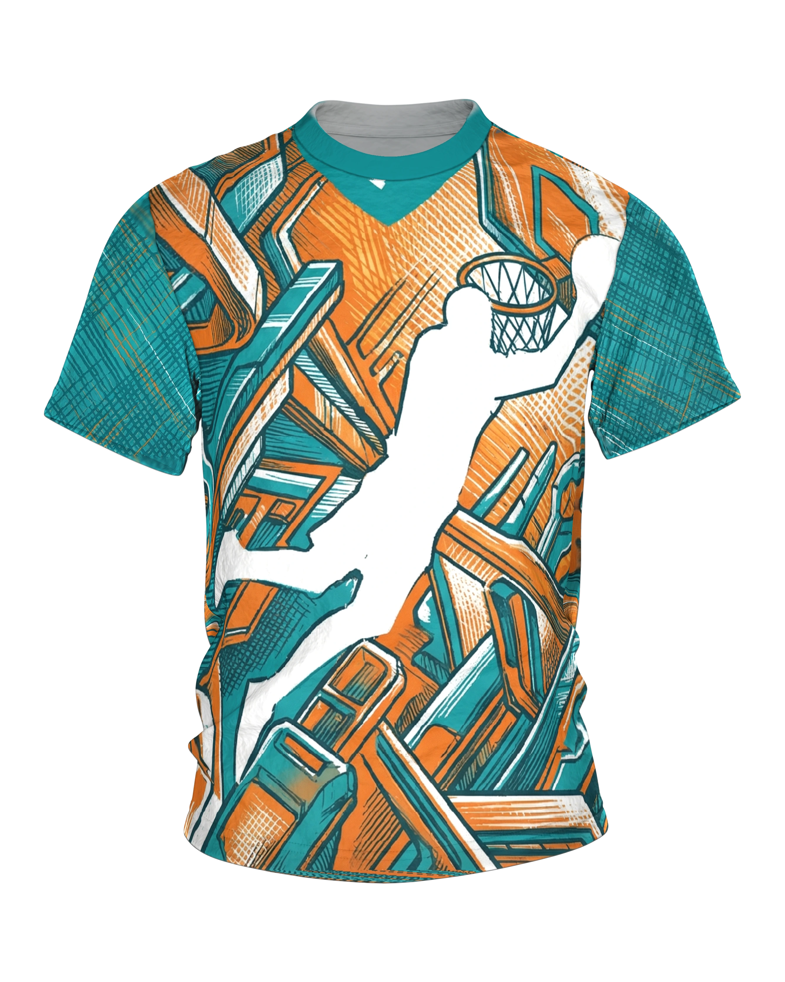 Slam Dunk T-Shirt, weiße Dunker-Silhouette im Isometrie-Labyrinth, Kreuzung am Rücken