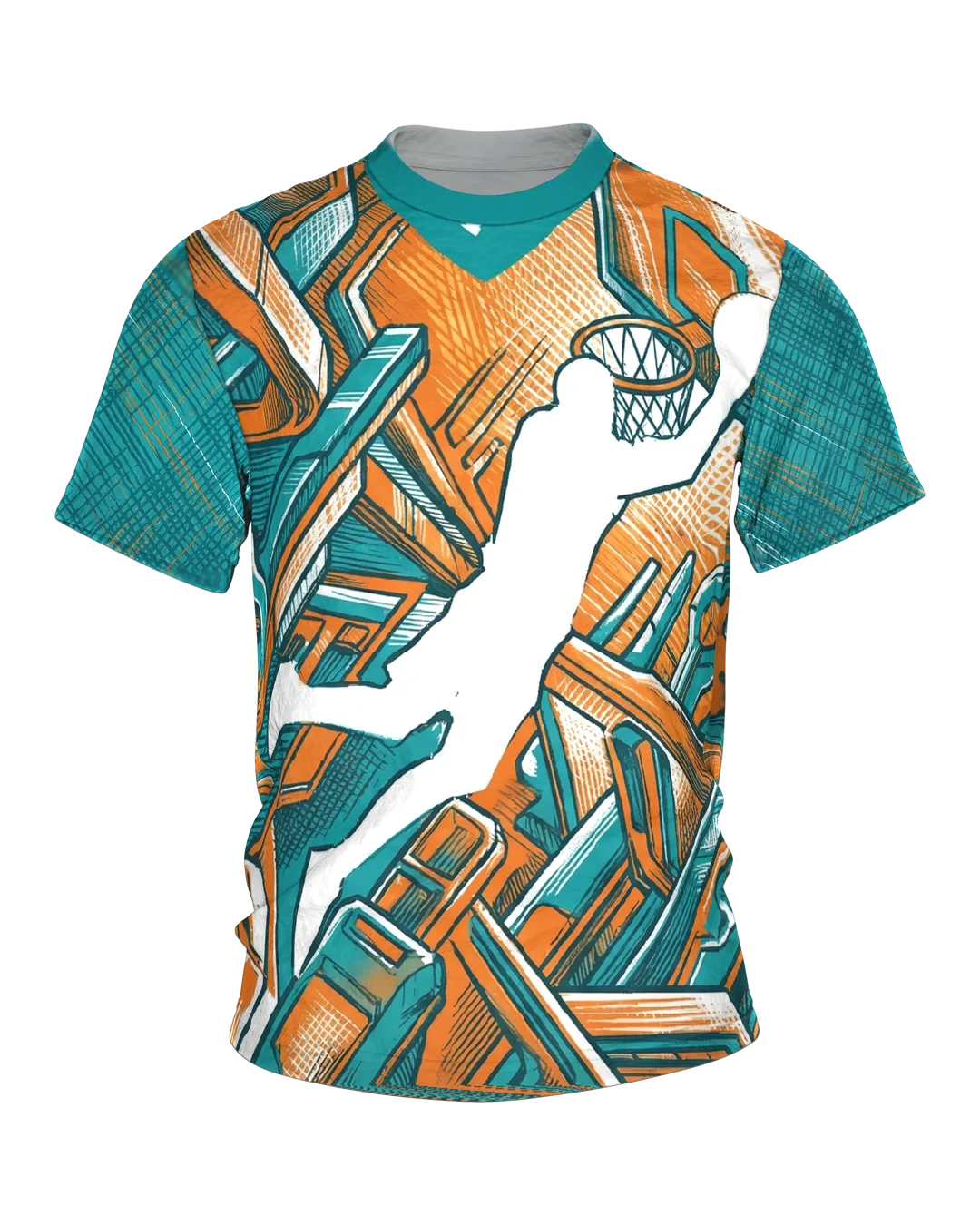 Slam Dunk T-Shirt, weiße Dunker-Silhouette im Isometrie-Labyrinth, Kreuzung am Rücken