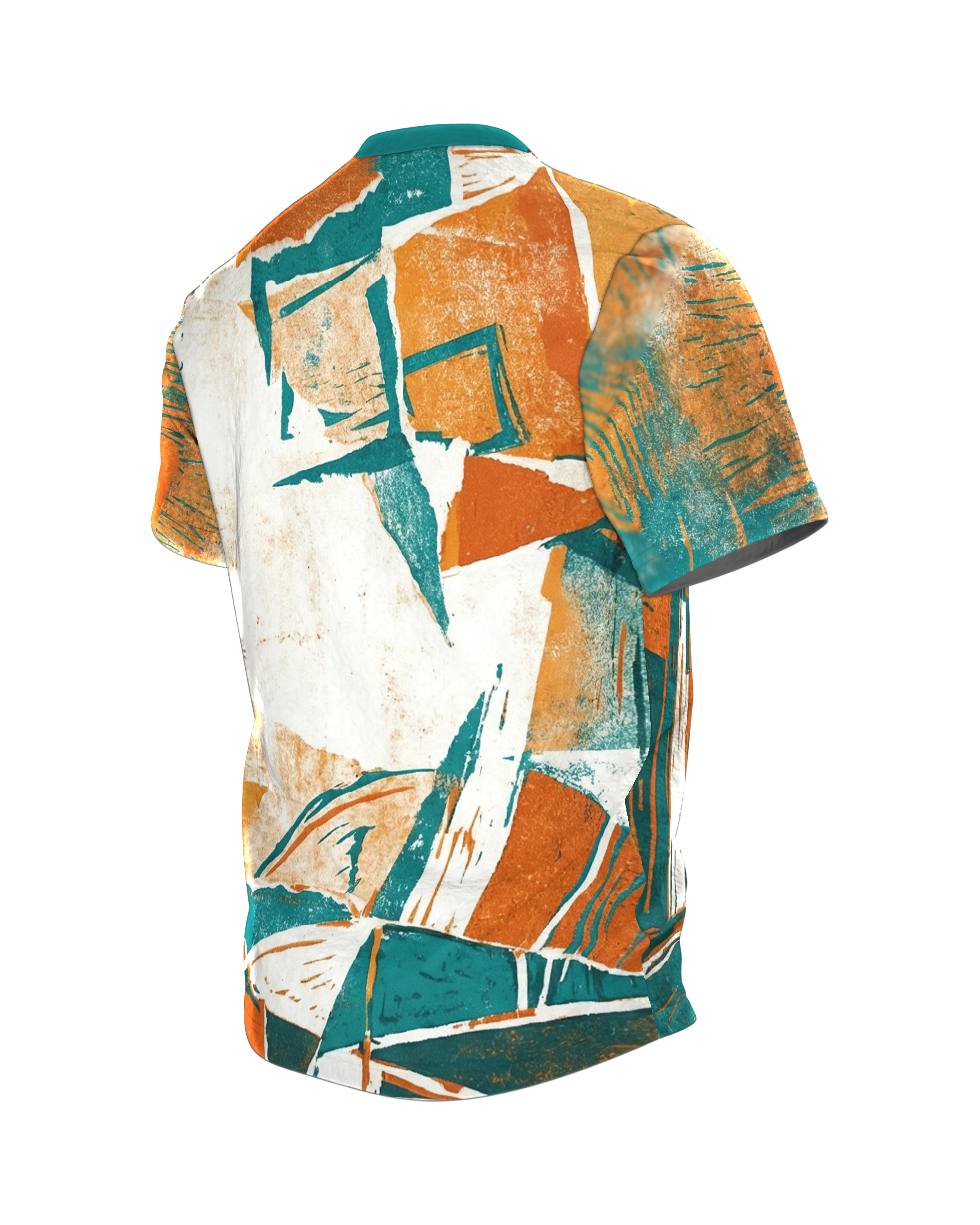 Slam Dunk T-Shirt im Linolschnitt, Basketballkorb aus der Untersicht in Teal, Orange und Creme, Rückseite schräg links