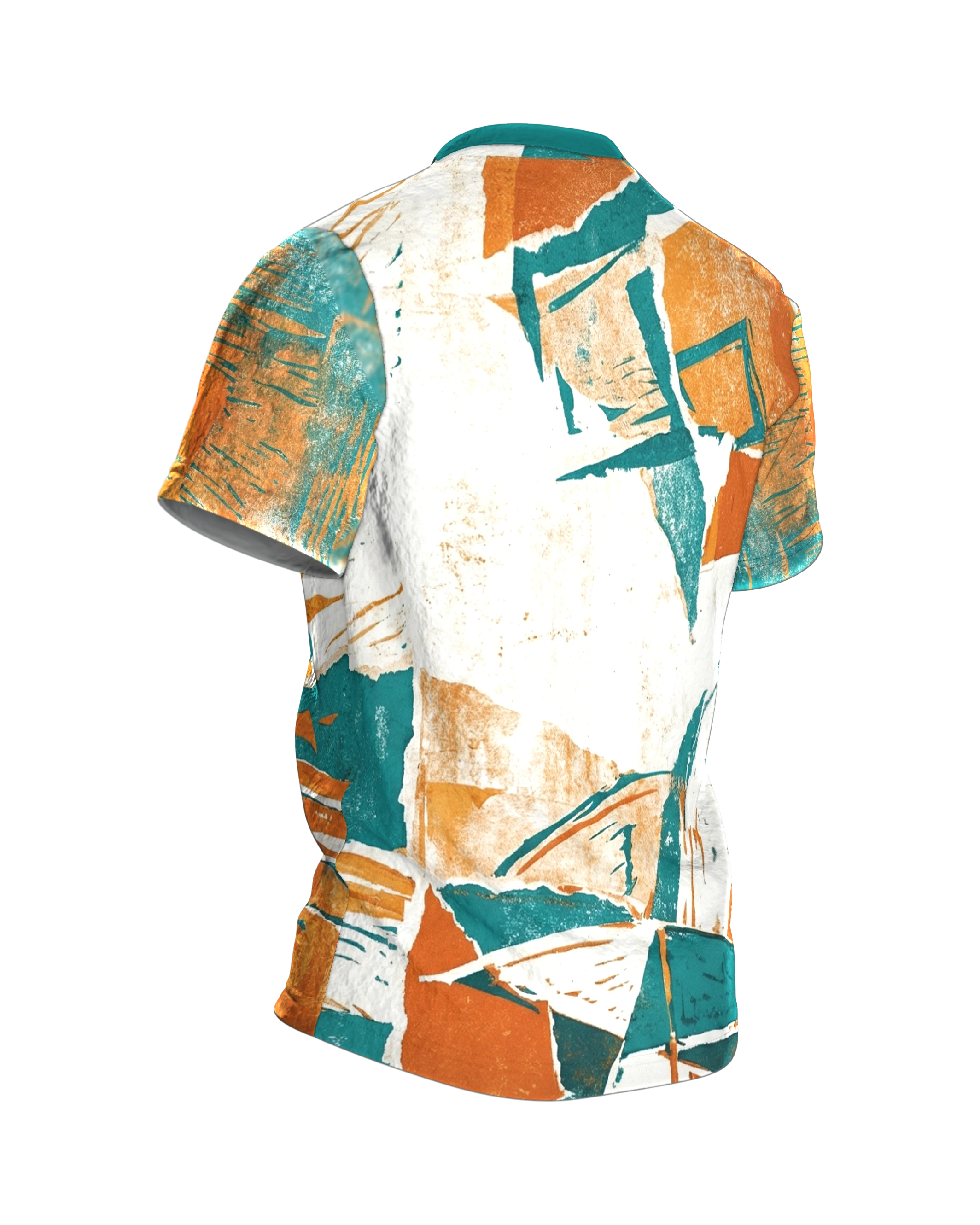 Slam Dunk T-Shirt im Linolschnitt, Basketballkorb aus der Untersicht in Teal, Orange und Creme, Rückseite schräg rechts
