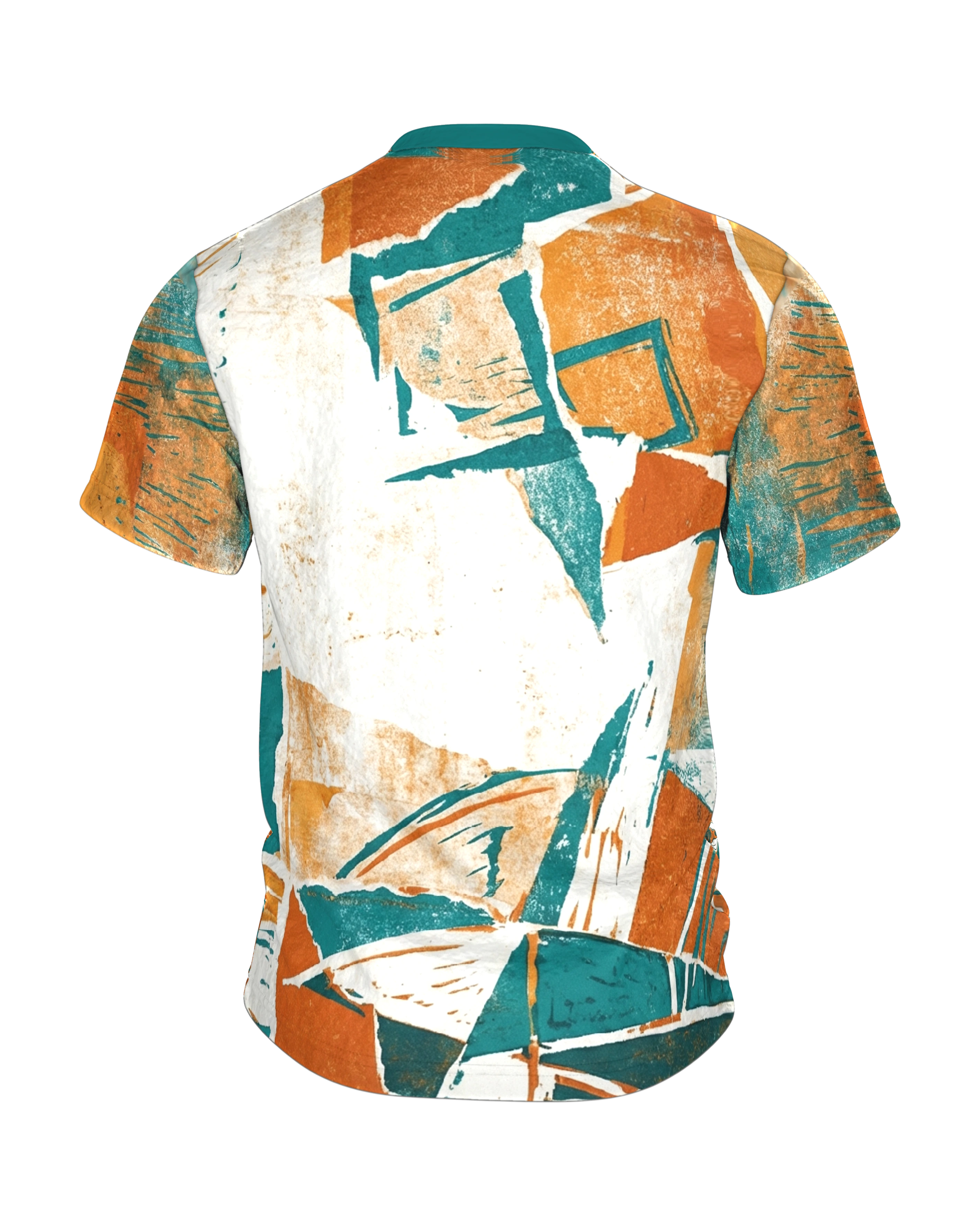 Slam Dunk T-Shirt im Linolschnitt, Basketballkorb aus der Untersicht in Teal, Orange und Creme, Rückseite