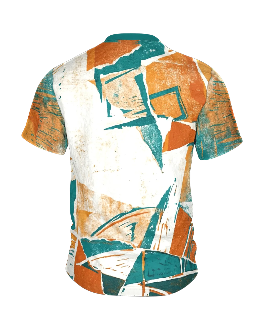 Slam Dunk T-Shirt im Linolschnitt, Basketballkorb aus der Untersicht in Teal, Orange und Creme, Rückseite