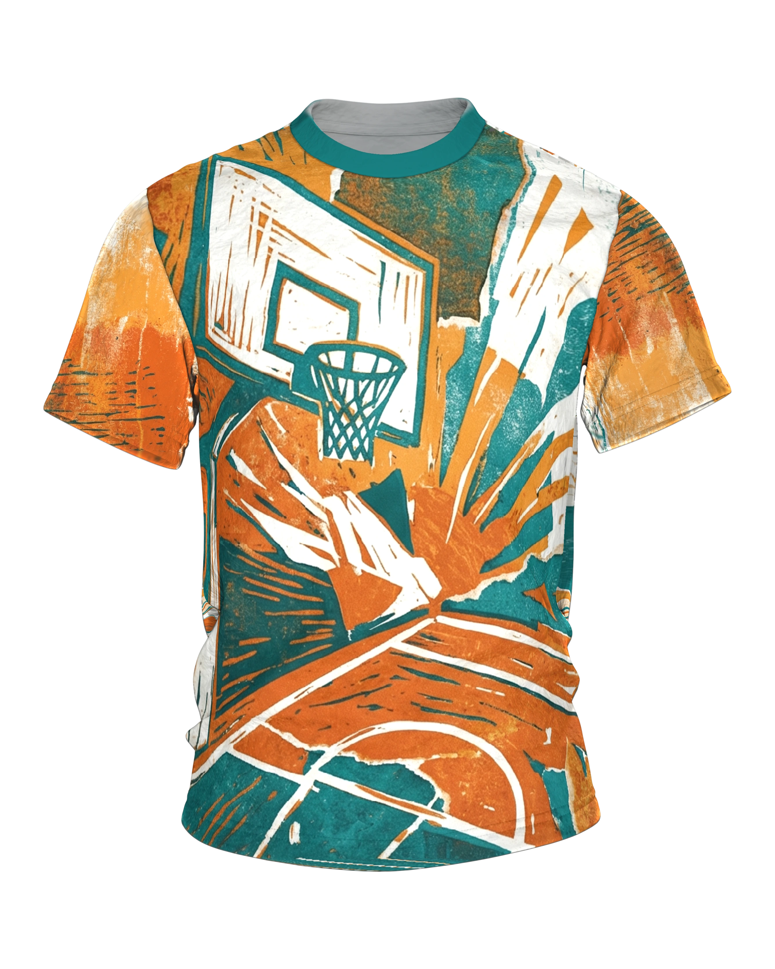 Slam Dunk T-Shirt im Linolschnitt, Basketballkorb aus der Untersicht in Teal, Orange und Creme