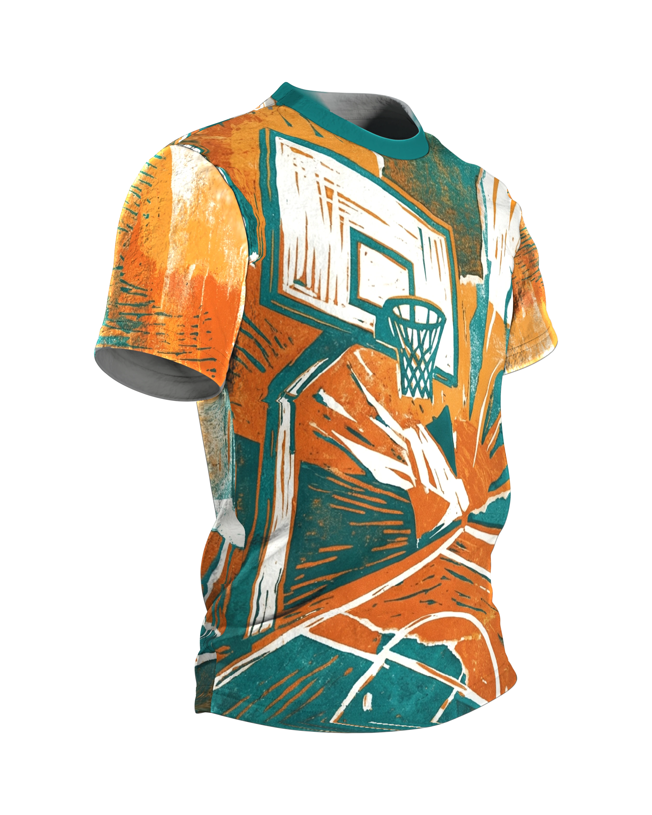 Slam Dunk T-Shirt im Linolschnitt, Basketballkorb aus der Untersicht in Teal, Orange und Creme, Seitenansicht links