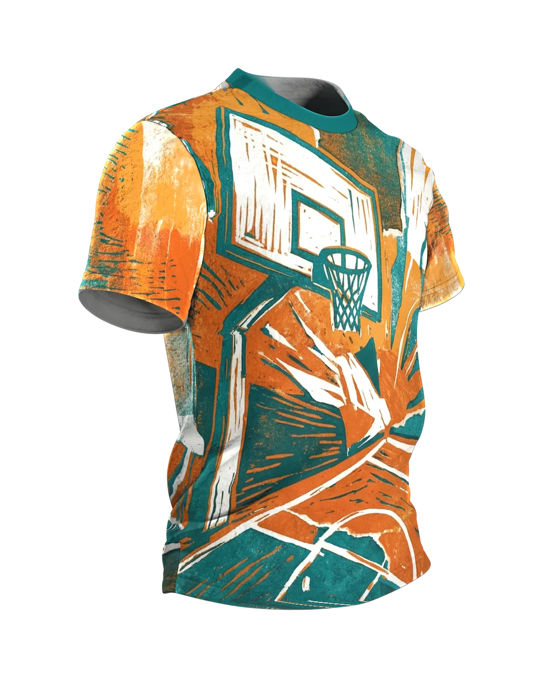 Slam Dunk T-Shirt im Linolschnitt, Basketballkorb aus der Untersicht in Teal, Orange und Creme, Seitenansicht links