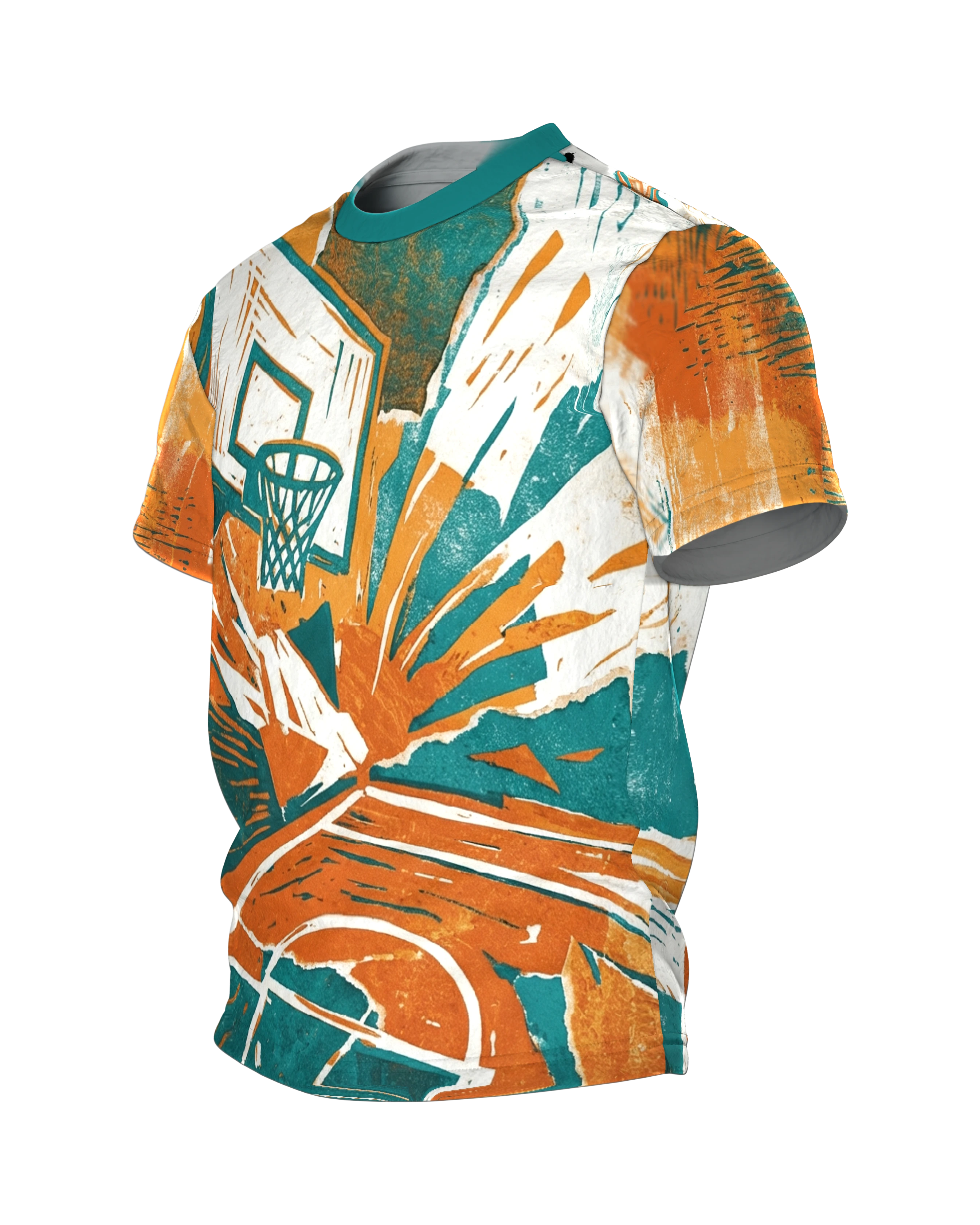 Slam Dunk T-Shirt im Linolschnitt, Basketballkorb aus der Untersicht in Teal, Orange und Creme, Seitenansicht rechts