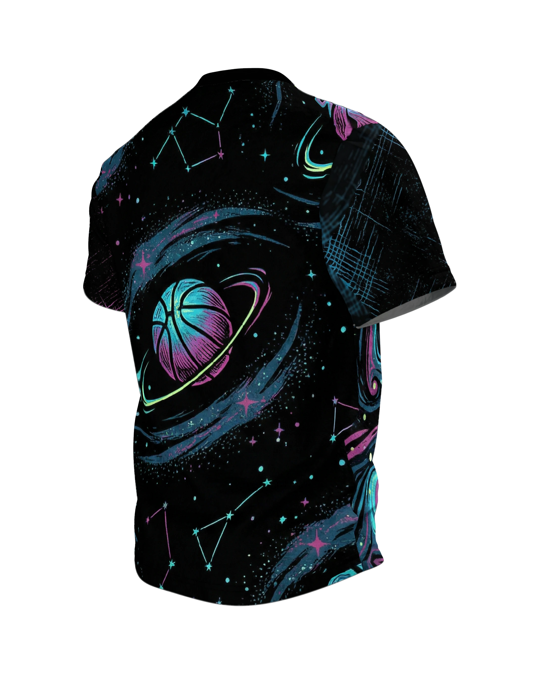 Kosmischer Basketball T-Shirt: Neon Galaxy, Rückseite schräg links
