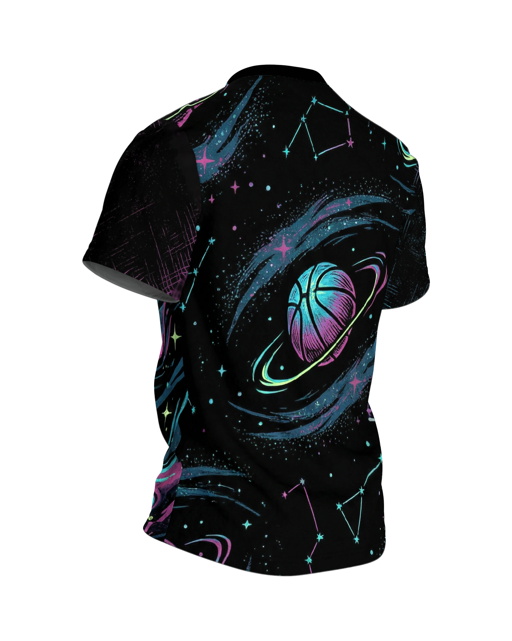 Kosmischer Basketball T-Shirt: Neon Galaxy, Rückseite schräg rechts
