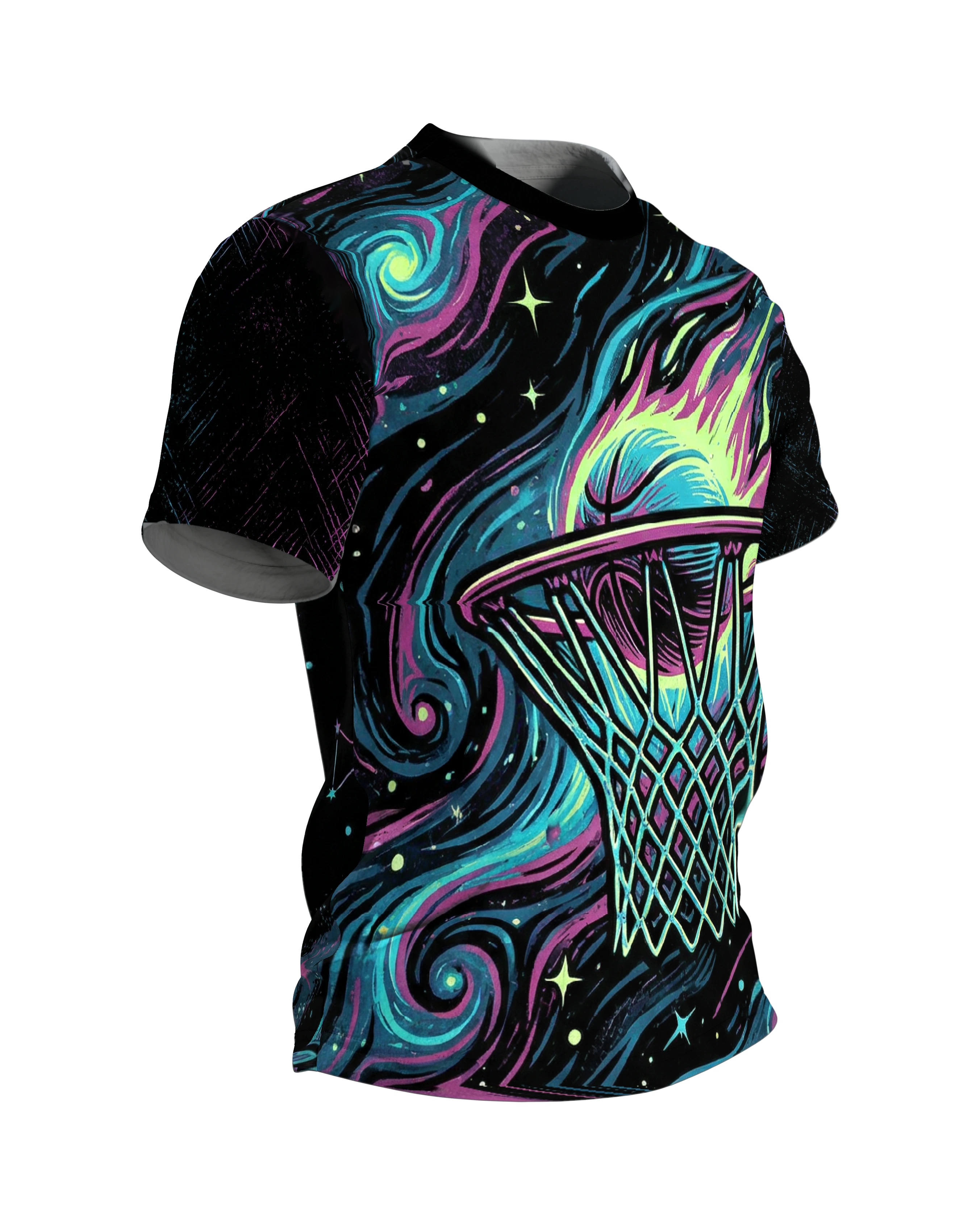 Kosmischer Basketball T-Shirt: Neon Galaxy, Seitenansicht links