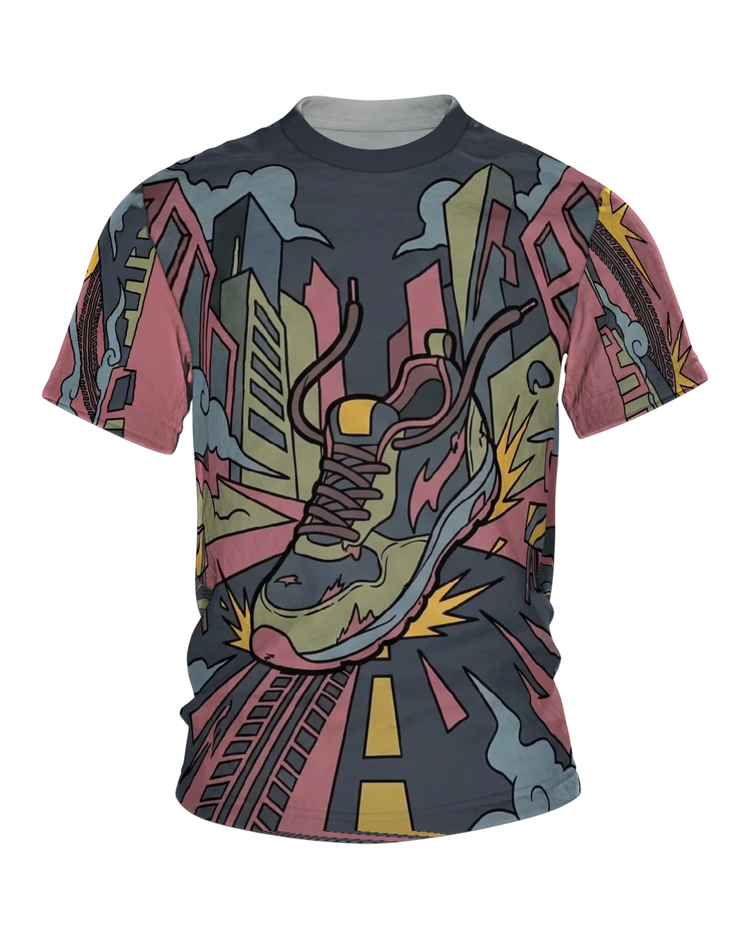 Urban Runner T-Shirt, Comic-Laufschuh landet in der Stadt, Absprung-Szene am Rücken
