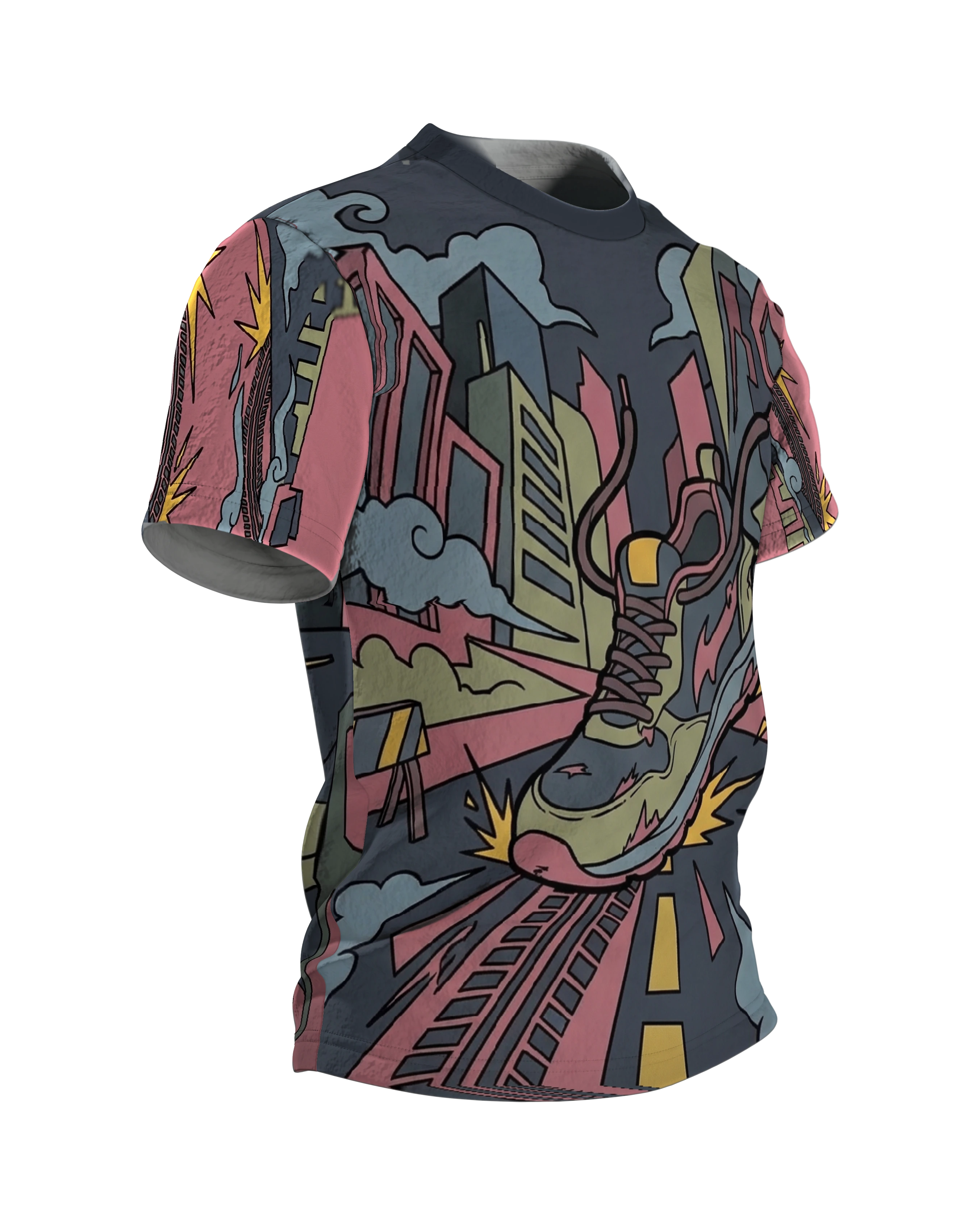 Urban Runner T-Shirt, Comic-Laufschuh landet in der Stadt, Absprung-Szene am Rücken, Seitenansicht links