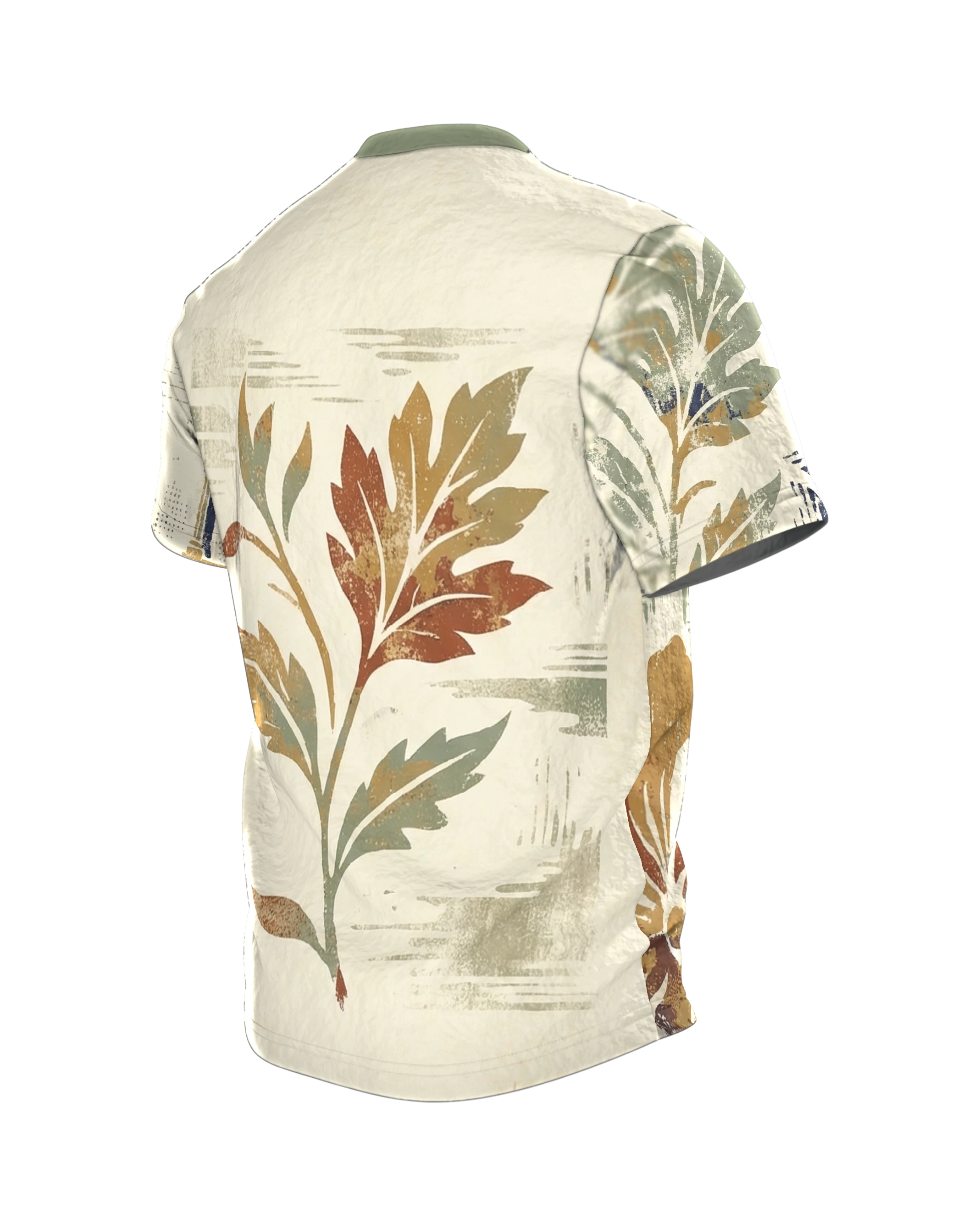 Vintage Floral Architektur T-Shirt: Arkaden, Stempelblüten und Erdtöne, Rückseite schräg links