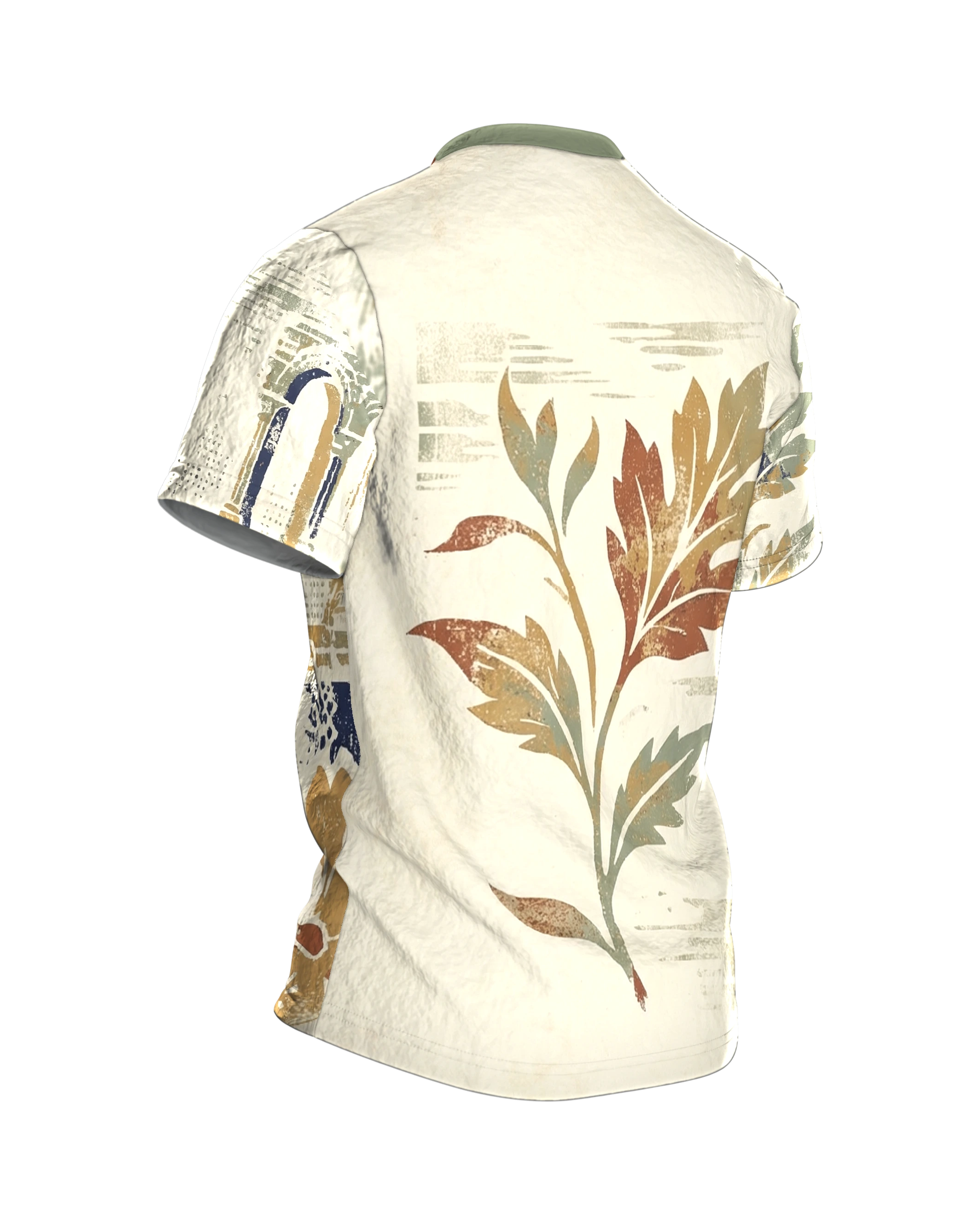 Vintage Floral Architektur T-Shirt: Arkaden, Stempelblüten und Erdtöne, Rückseite schräg rechts