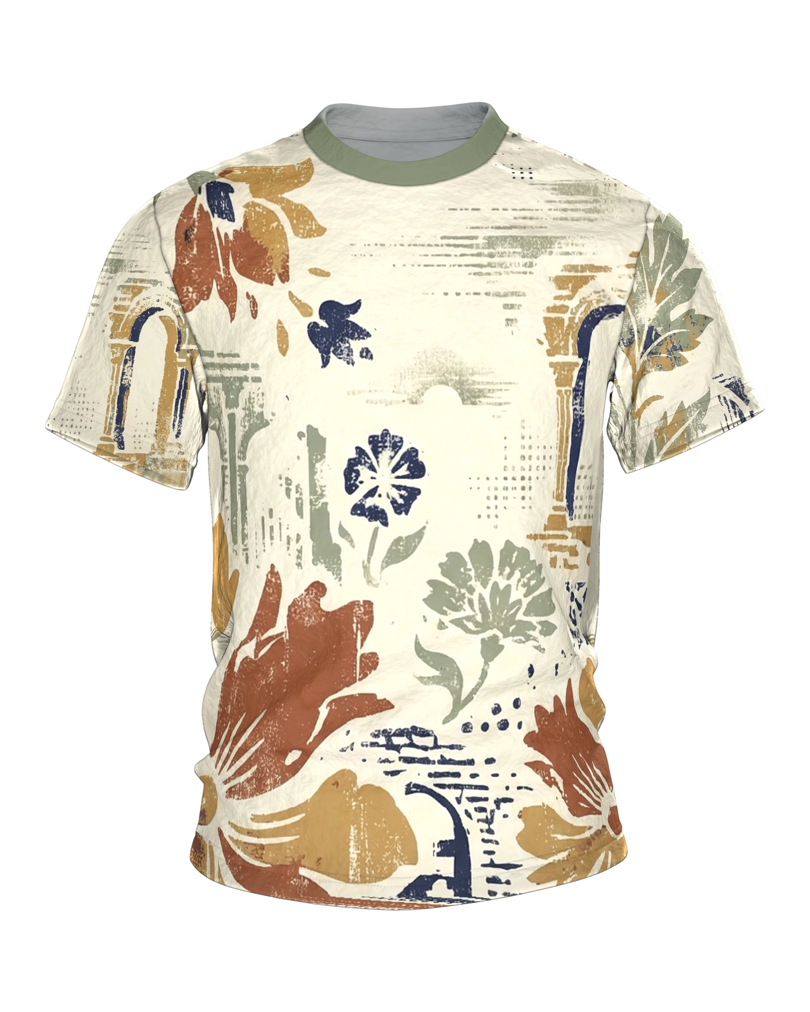 Vintage Floral Architektur T-Shirt: Arkaden, Stempelblüten und Erdtöne