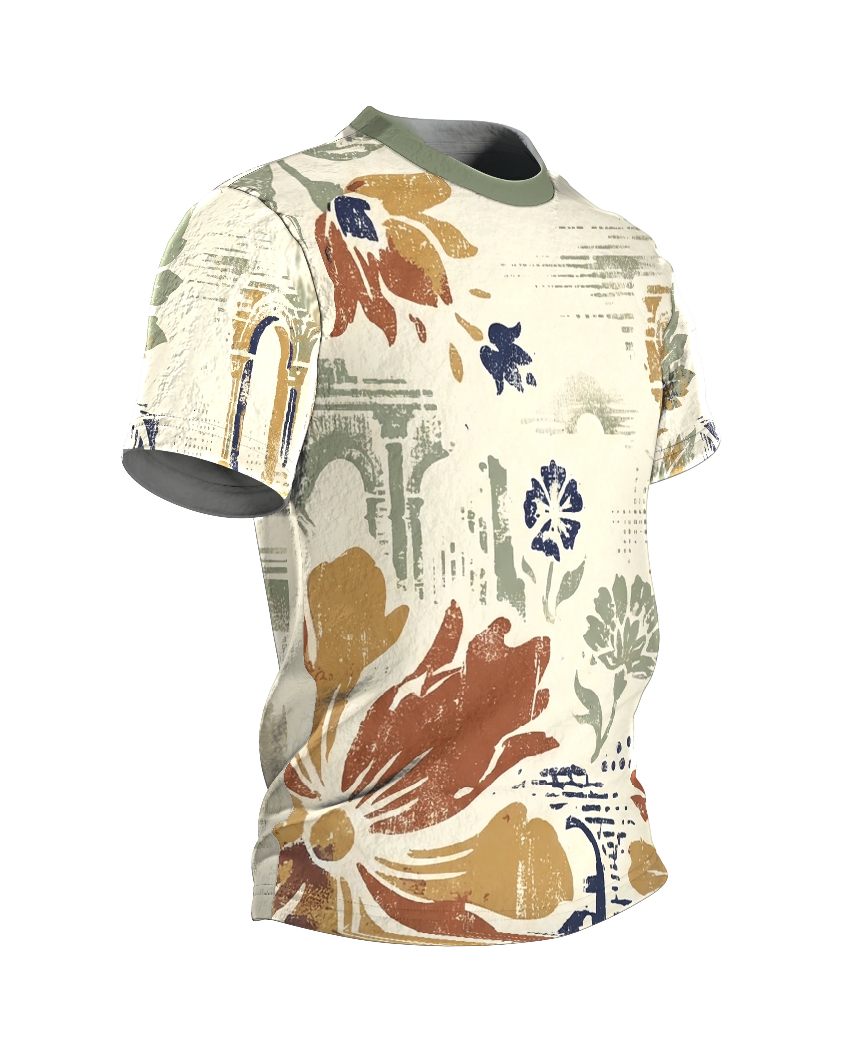 Vintage Floral Architektur T-Shirt: Arkaden, Stempelblüten und Erdtöne, Seitenansicht links
