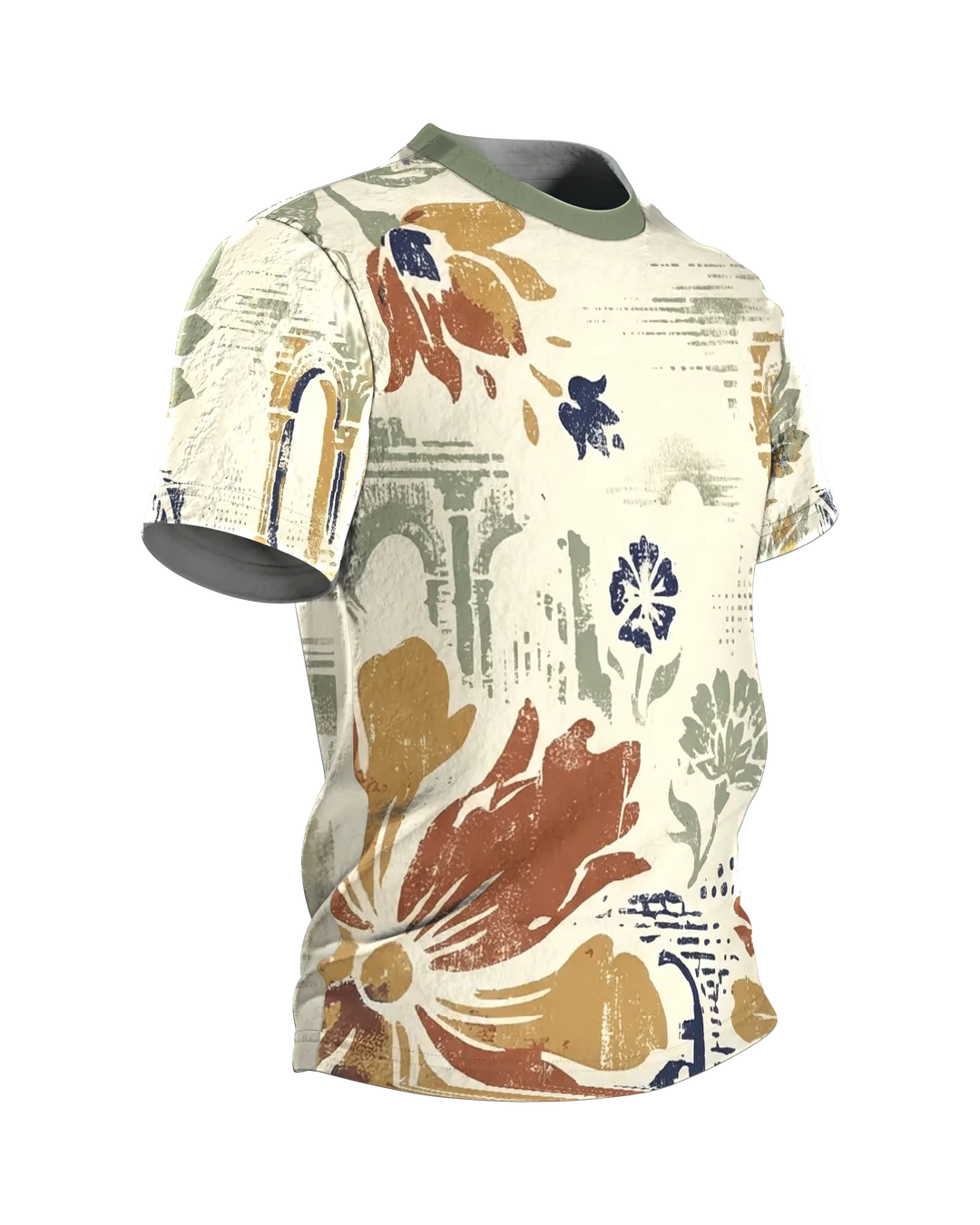 Vintage Floral Architektur T-Shirt: Arkaden, Stempelblüten und Erdtöne, Seitenansicht links