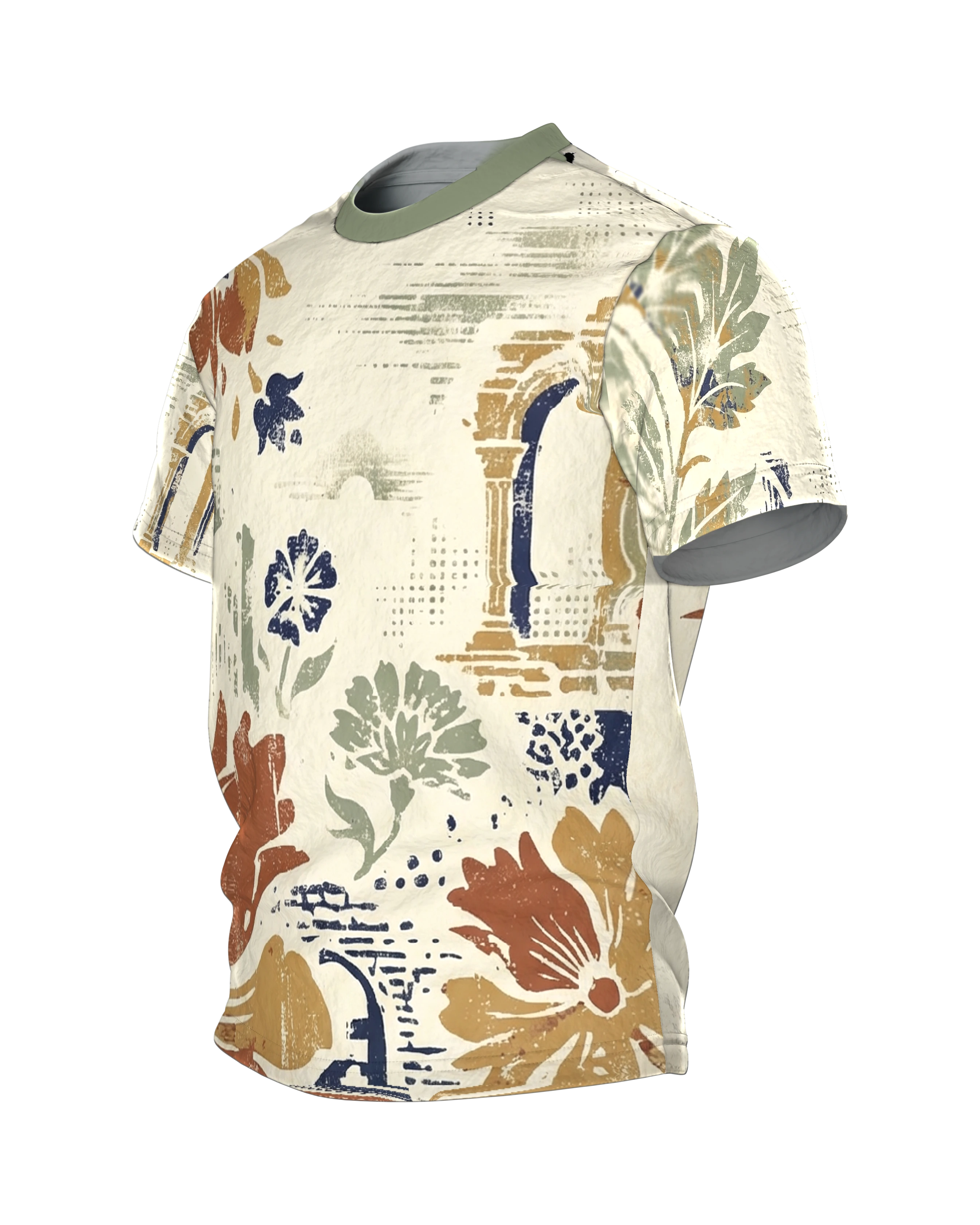Vintage Floral Architektur T-Shirt: Arkaden, Stempelblüten und Erdtöne, Seitenansicht rechts