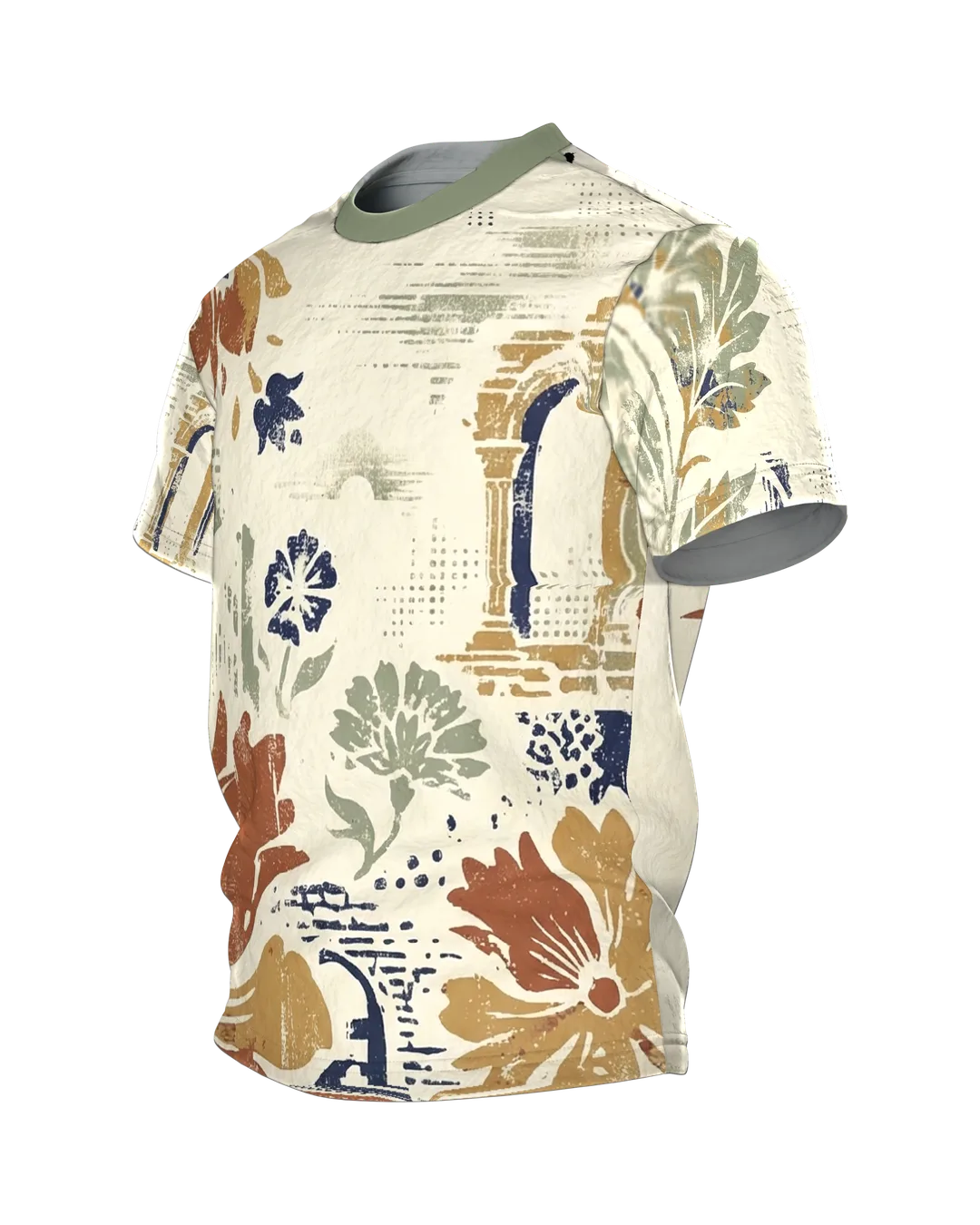 Vintage Floral Architektur T-Shirt: Arkaden, Stempelblüten und Erdtöne, Seitenansicht rechts