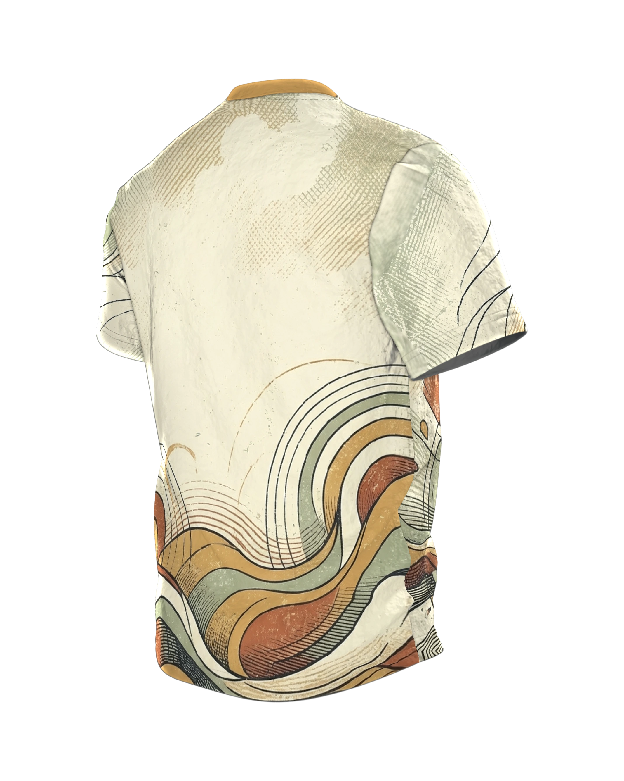Retro Spirale T-Shirt, Doppelwirbel und Wellenbänder im 70er Siebdruck-Look über Front und Rücken, Rückseite schräg links