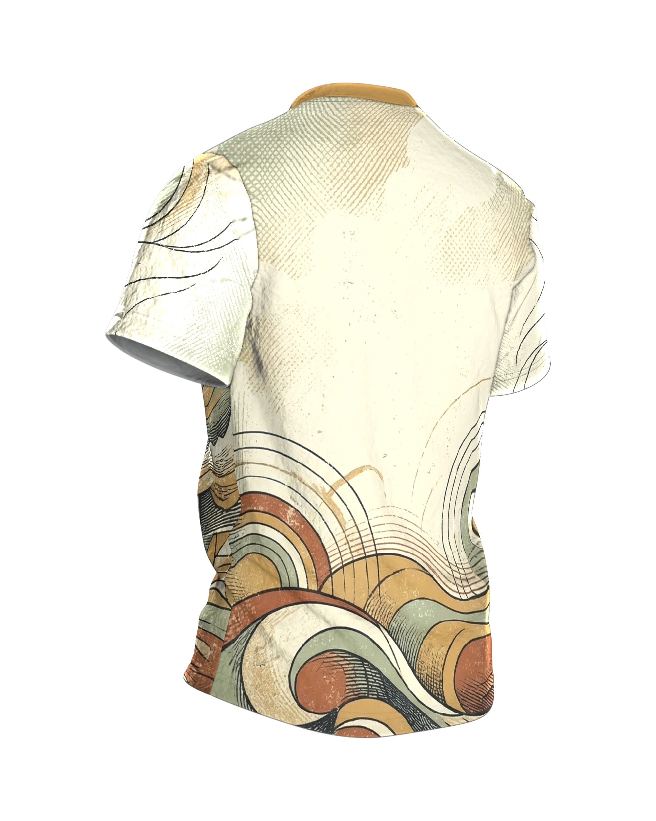 Retro Spirale T-Shirt, Doppelwirbel und Wellenbänder im 70er Siebdruck-Look über Front und Rücken, Rückseite schräg rechts