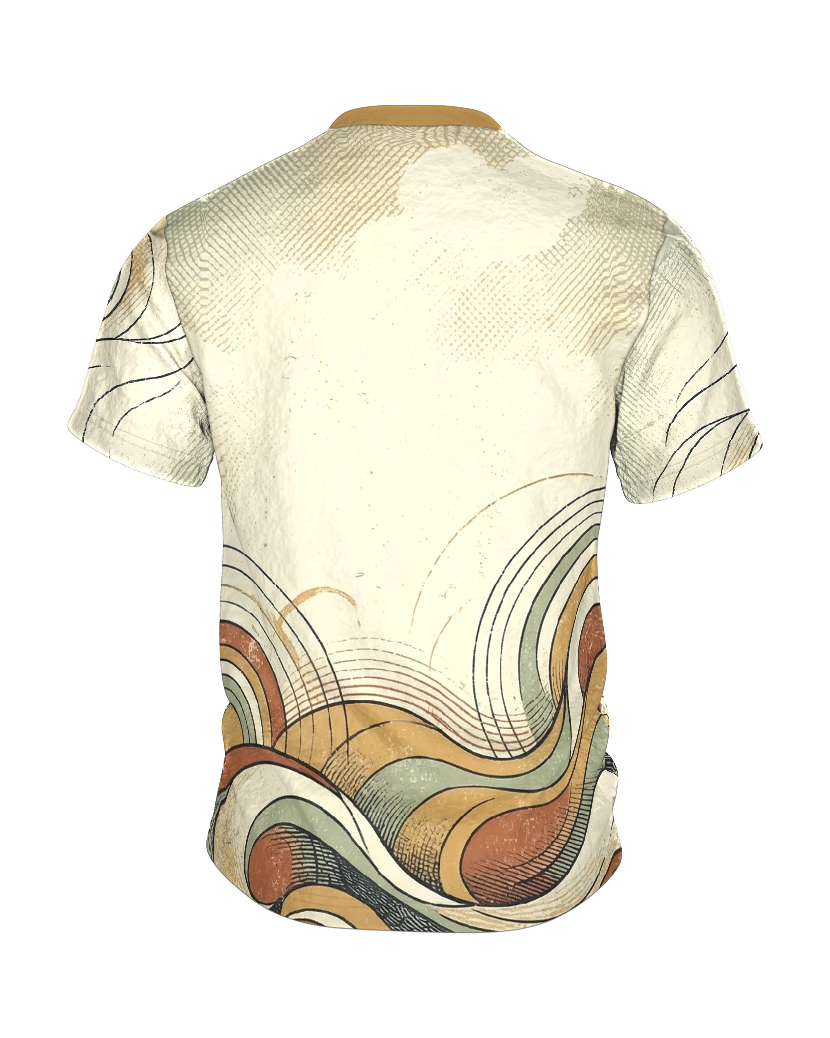 Retro Spirale T-Shirt, Doppelwirbel und Wellenbänder im 70er Siebdruck-Look über Front und Rücken, Rückseite