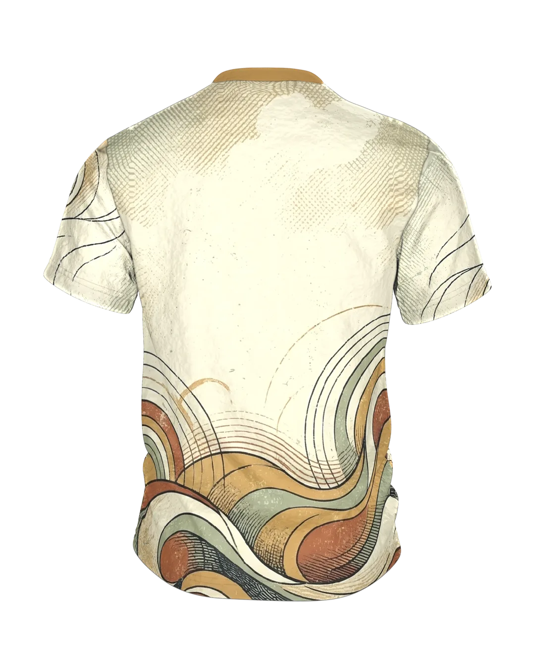 Retro Spirale T-Shirt, Doppelwirbel und Wellenbänder im 70er Siebdruck-Look über Front und Rücken, Rückseite