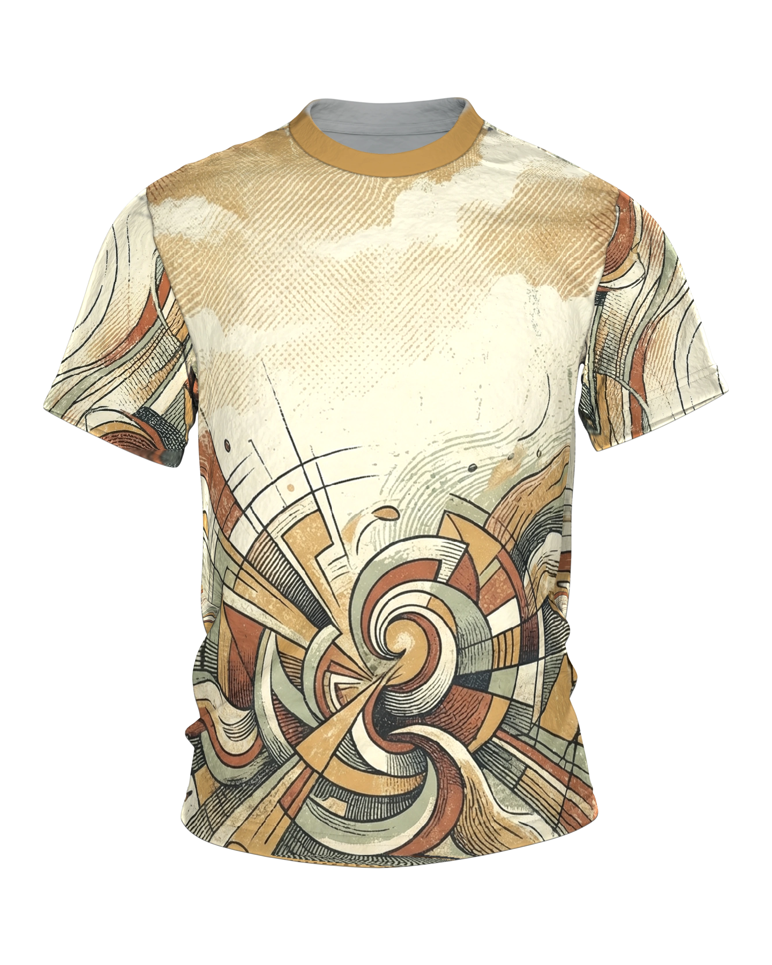 Retro Spirale T-Shirt, Doppelwirbel und Wellenbänder im 70er Siebdruck-Look über Front und Rücken