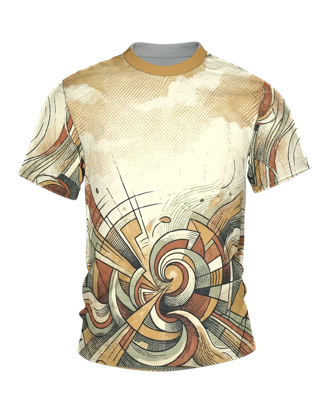 Retro Spirale T-Shirt, Doppelwirbel und Wellenbänder im 70er Siebdruck-Look über Front und Rücken