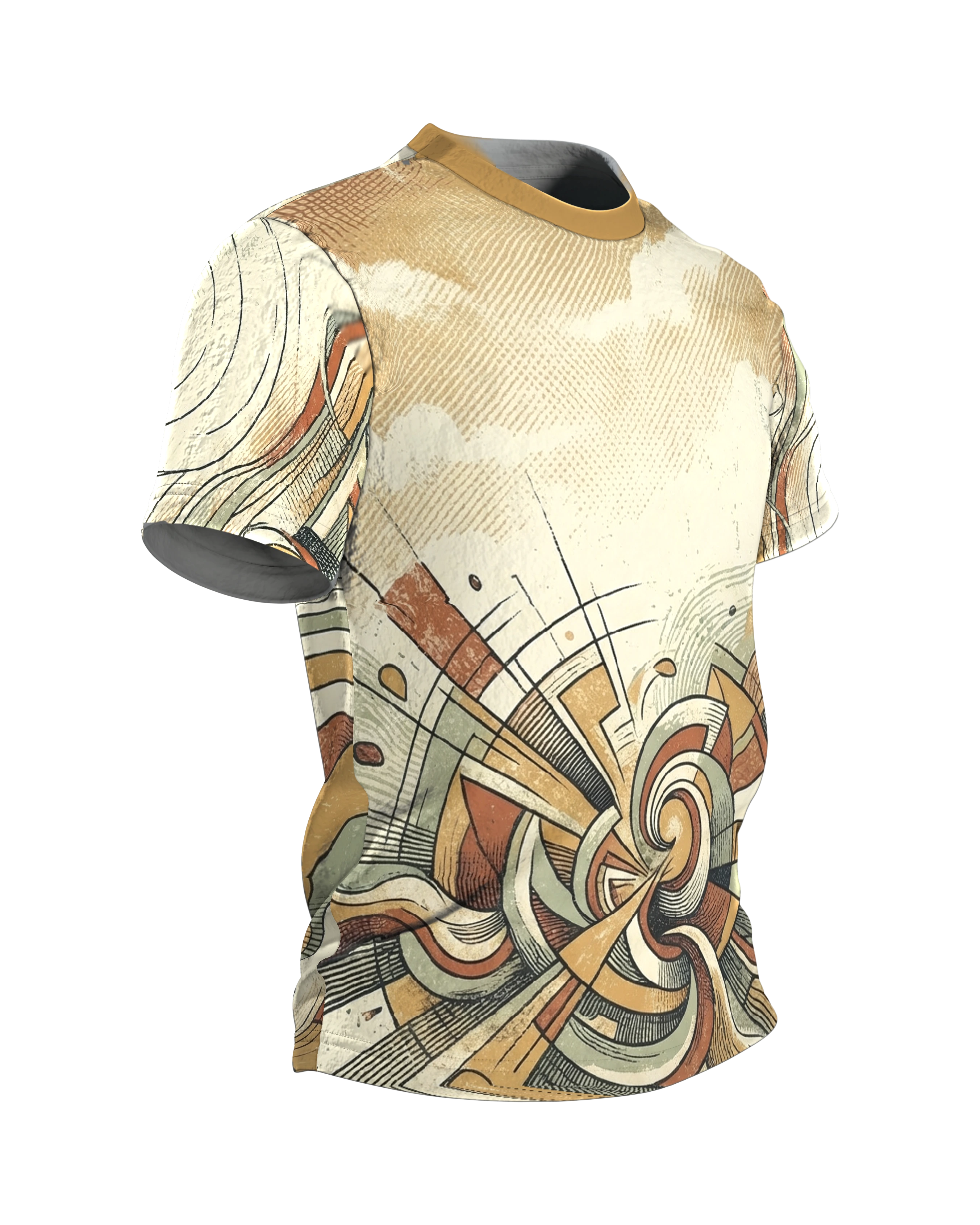 Retro Spirale T-Shirt, Doppelwirbel und Wellenbänder im 70er Siebdruck-Look über Front und Rücken, Seitenansicht links