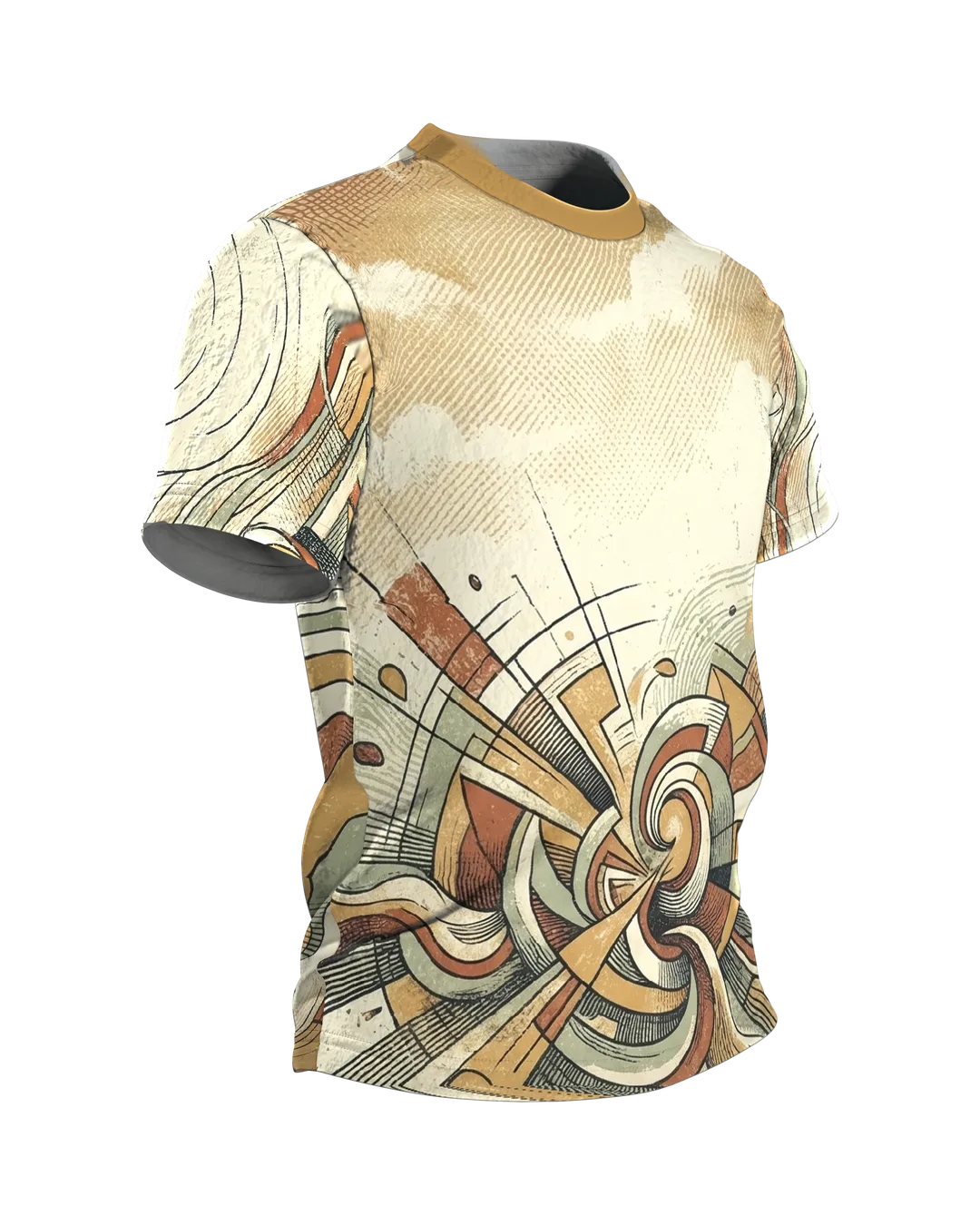 Retro Spirale T-Shirt, Doppelwirbel und Wellenbänder im 70er Siebdruck-Look über Front und Rücken, Seitenansicht links
