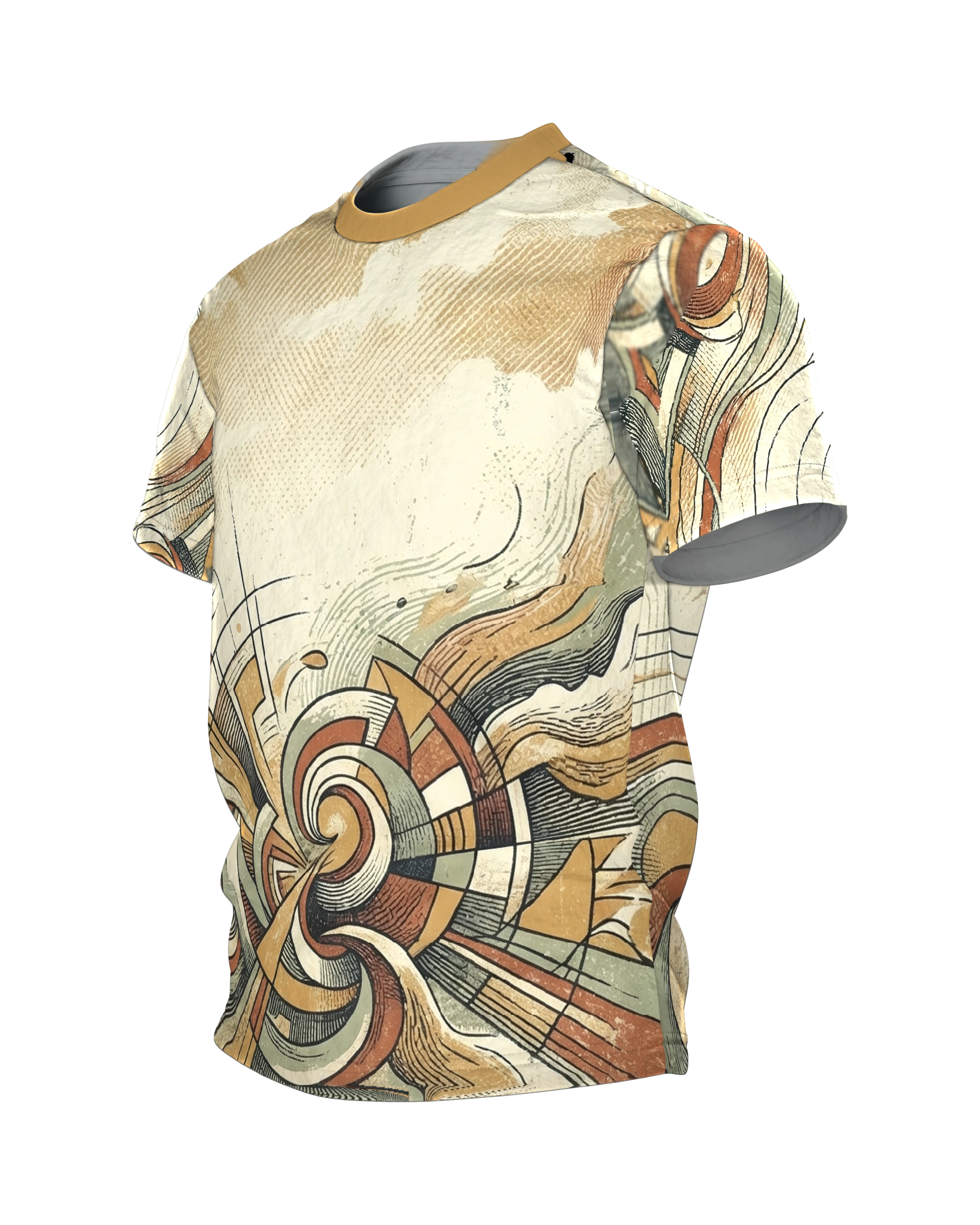 Retro Spirale T-Shirt, Doppelwirbel und Wellenbänder im 70er Siebdruck-Look über Front und Rücken, Seitenansicht rechts