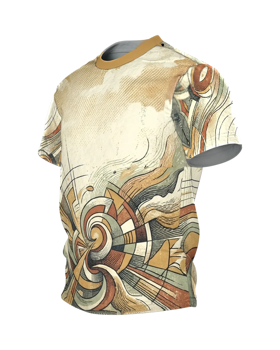 Retro Spirale T-Shirt, Doppelwirbel und Wellenbänder im 70er Siebdruck-Look über Front und Rücken, Seitenansicht rechts