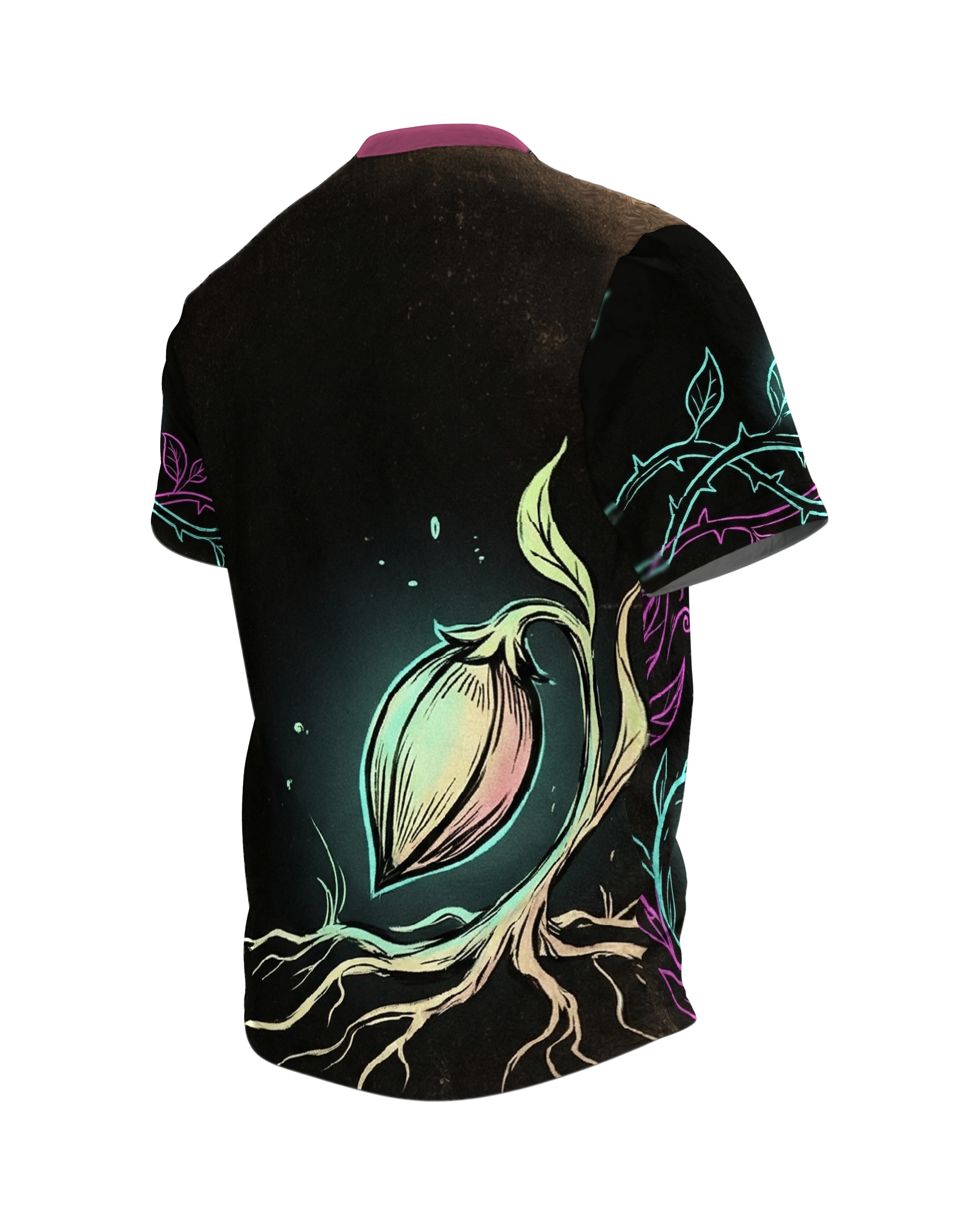 Leuchtblume Dark Fantasy T-Shirt, blühender Nachtgarten vorn, Knospe mit Wurzeln am Rücken, Rückseite schräg links