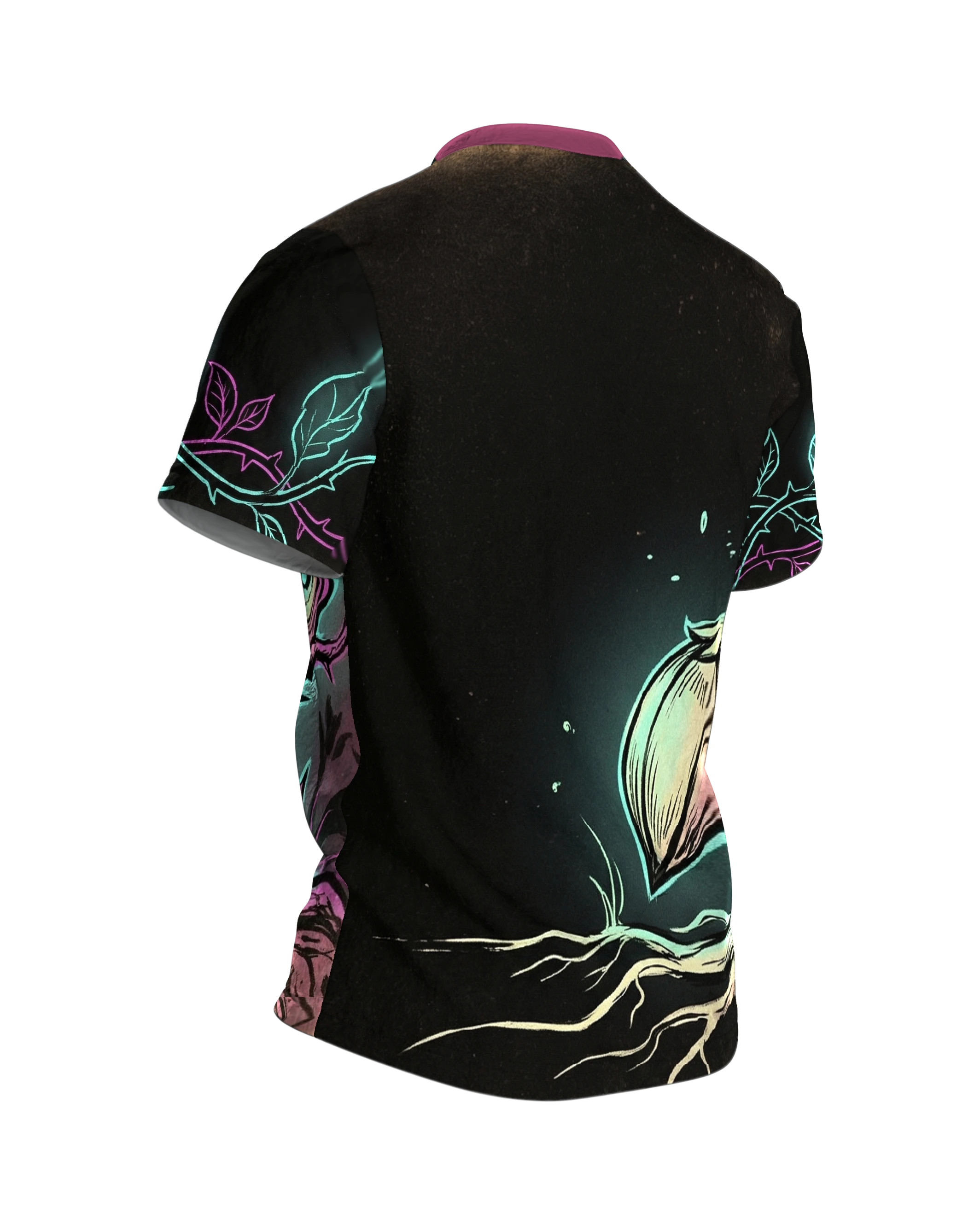 Leuchtblume Dark Fantasy T-Shirt, blühender Nachtgarten vorn, Knospe mit Wurzeln am Rücken, Rückseite schräg rechts