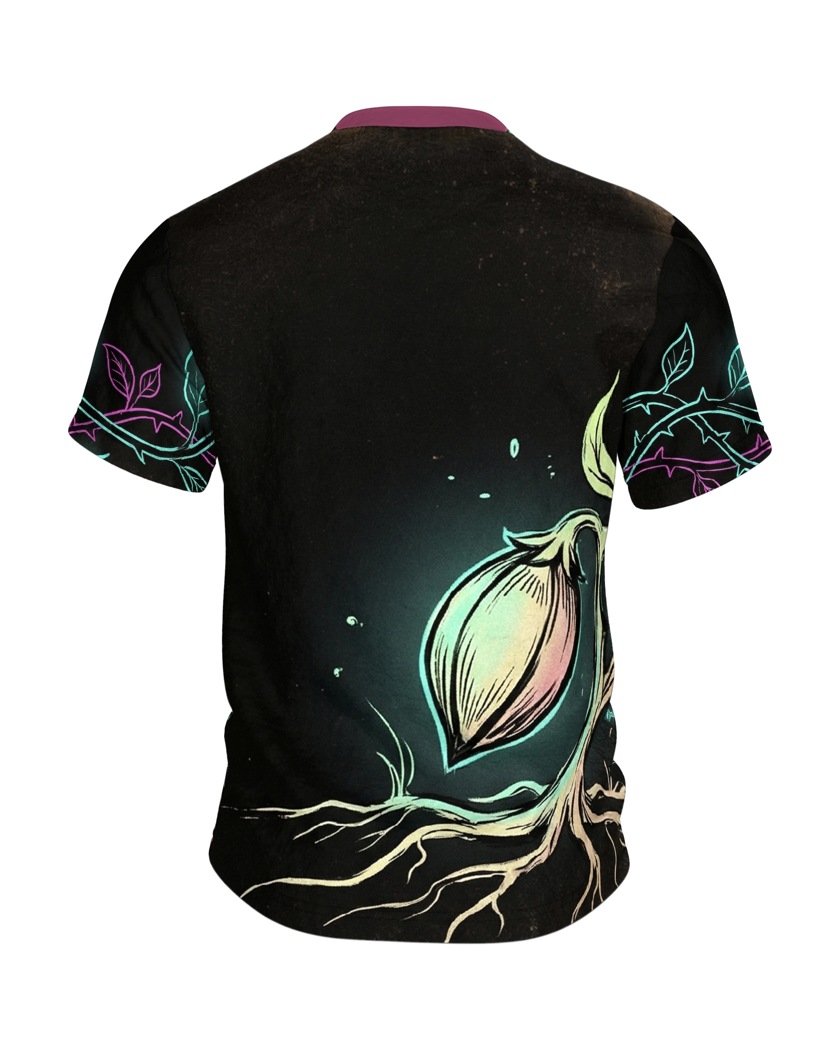 Leuchtblume Dark Fantasy T-Shirt, blühender Nachtgarten vorn, Knospe mit Wurzeln am Rücken, Rückseite