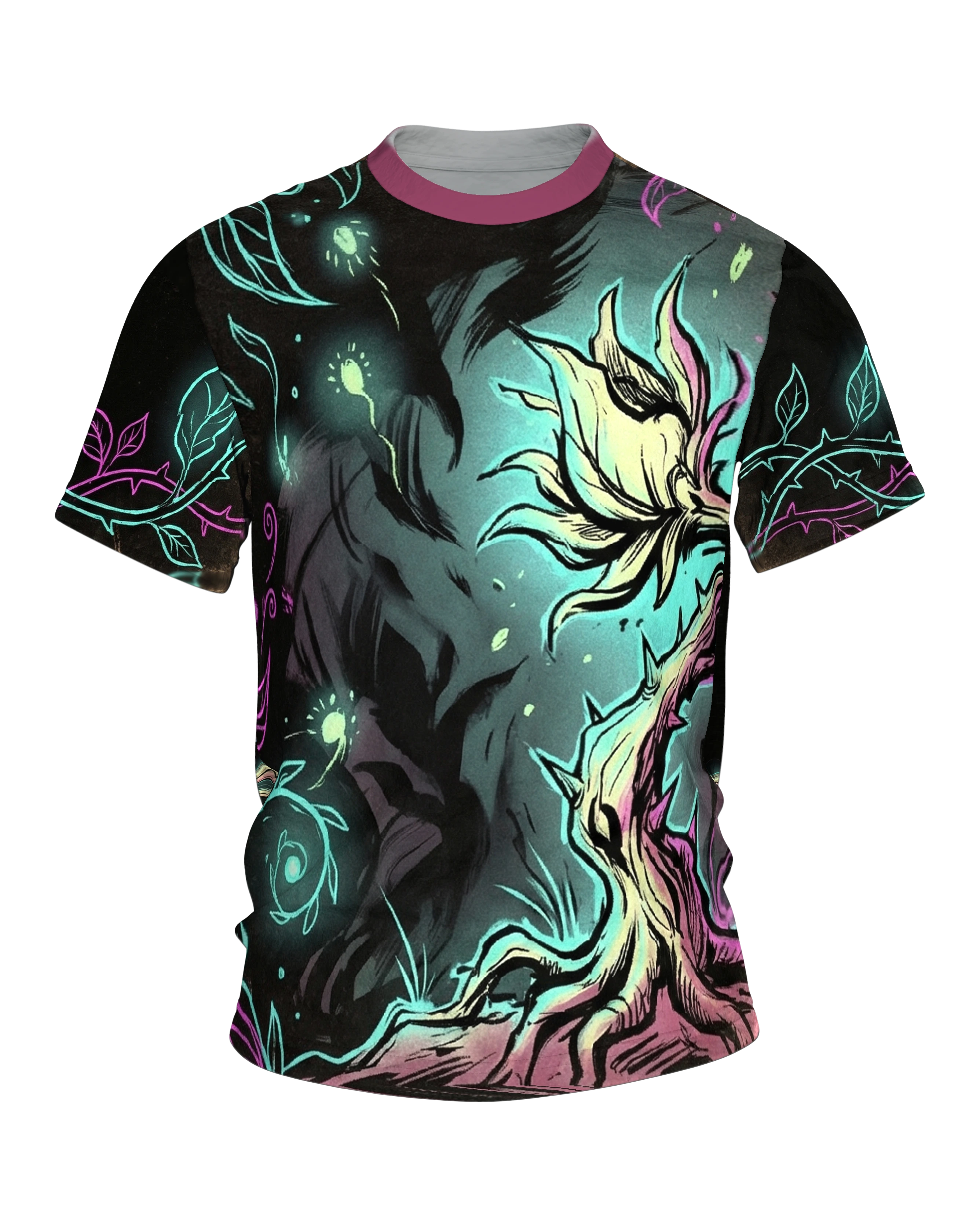 Leuchtblume Dark Fantasy T-Shirt, blühender Nachtgarten vorn, Knospe mit Wurzeln am Rücken