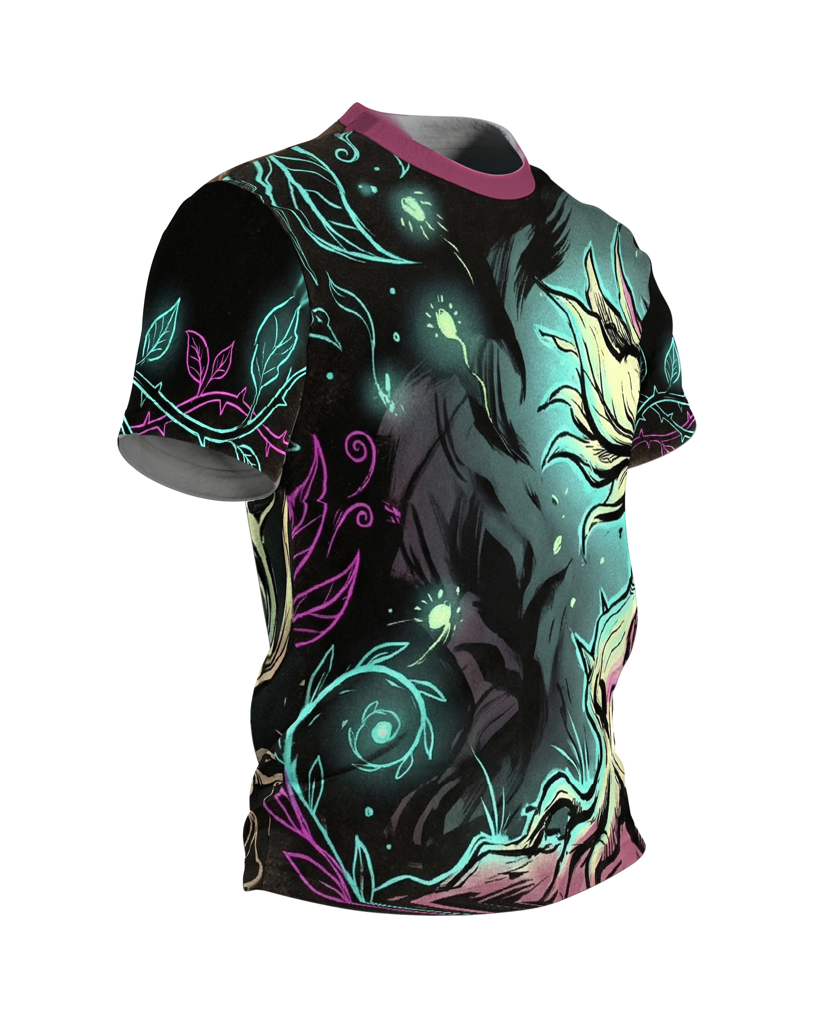 Leuchtblume Dark Fantasy T-Shirt, blühender Nachtgarten vorn, Knospe mit Wurzeln am Rücken, Seitenansicht links