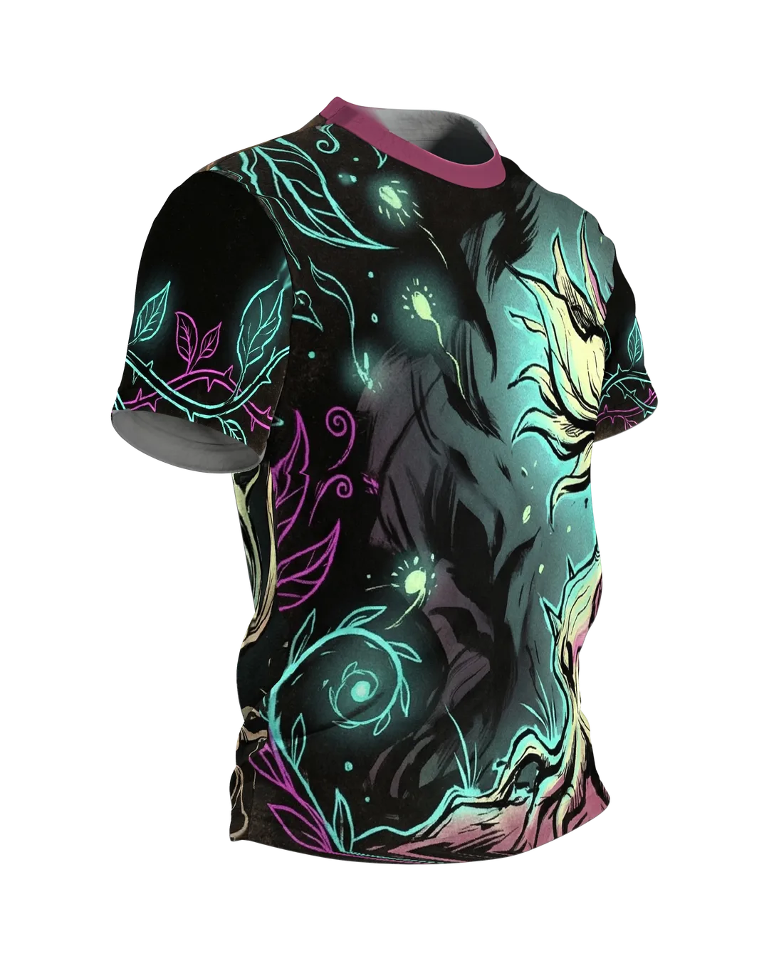 Leuchtblume Dark Fantasy T-Shirt, blühender Nachtgarten vorn, Knospe mit Wurzeln am Rücken, Seitenansicht links