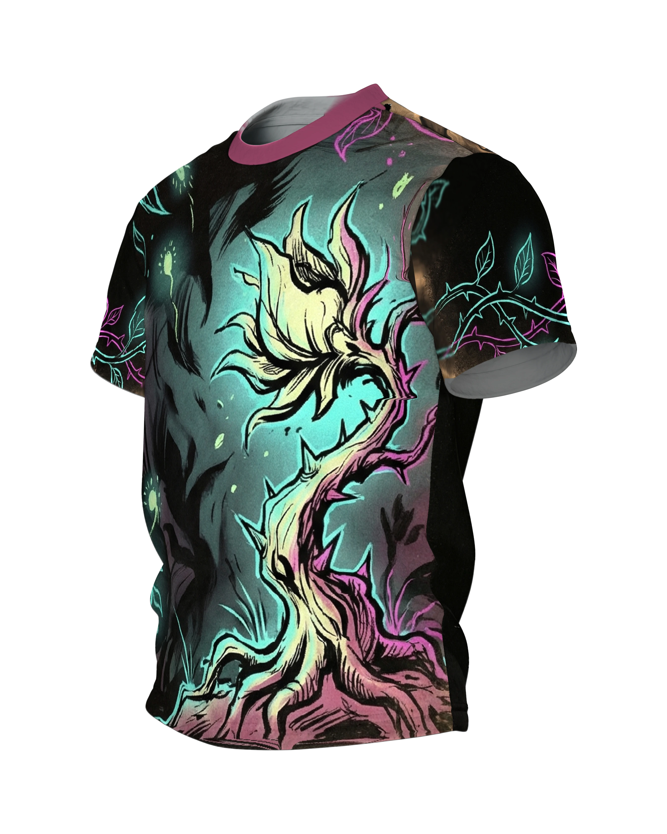 Leuchtblume Dark Fantasy T-Shirt, blühender Nachtgarten vorn, Knospe mit Wurzeln am Rücken, Seitenansicht rechts