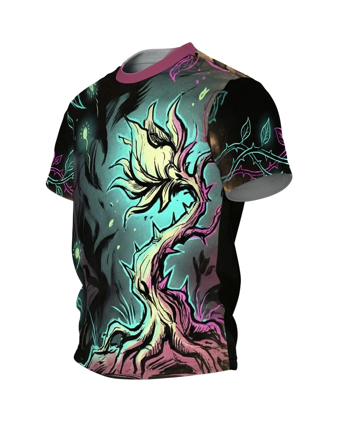Leuchtblume Dark Fantasy T-Shirt, blühender Nachtgarten vorn, Knospe mit Wurzeln am Rücken, Seitenansicht rechts